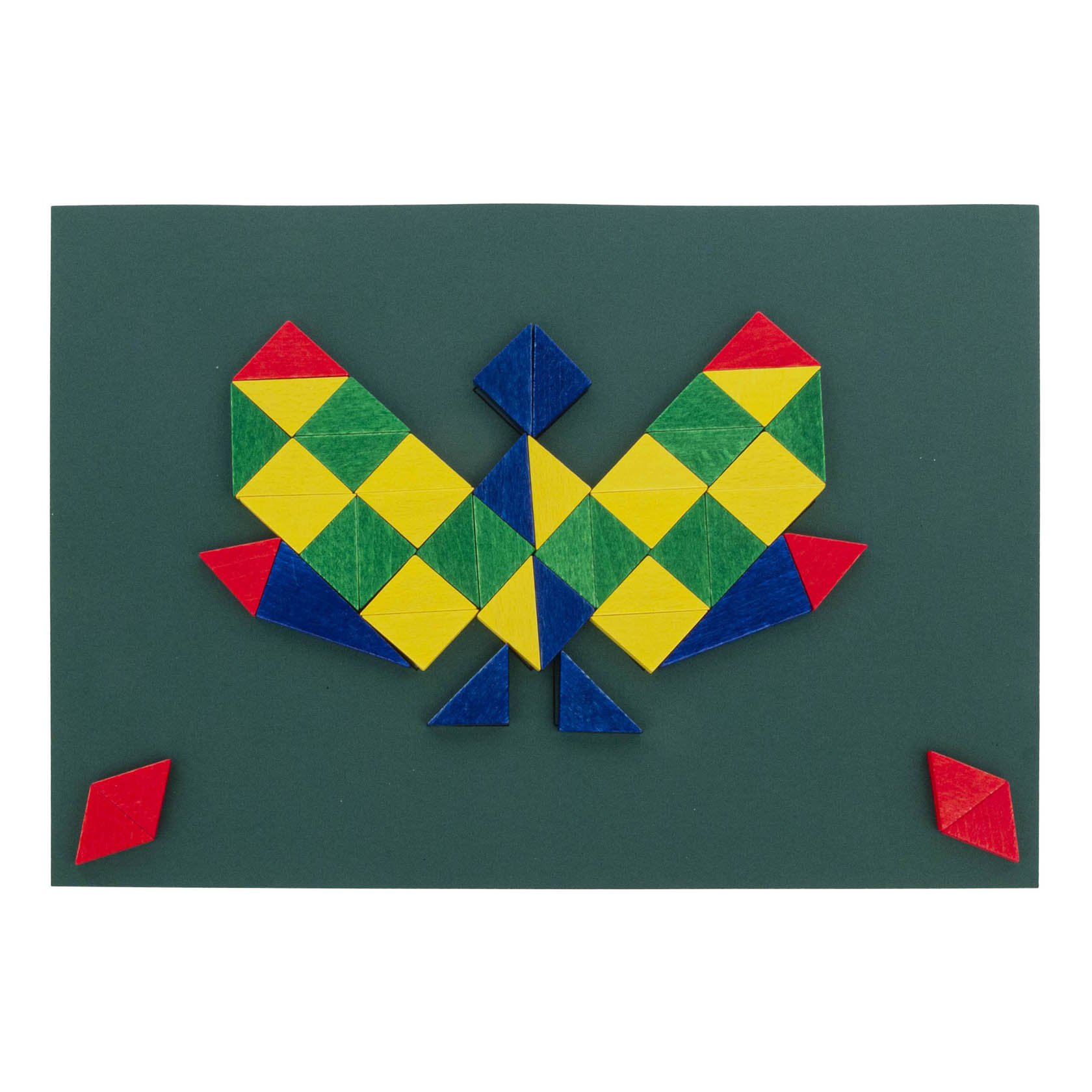 Ein geometrisches Muster aus farbigen Dreiecken auf grauem Hintergrund formt einen stilisierten Schmetterling. Rote Rhomben sind an den Ecken platziert. im Dregeno Online Shop günstig kaufen