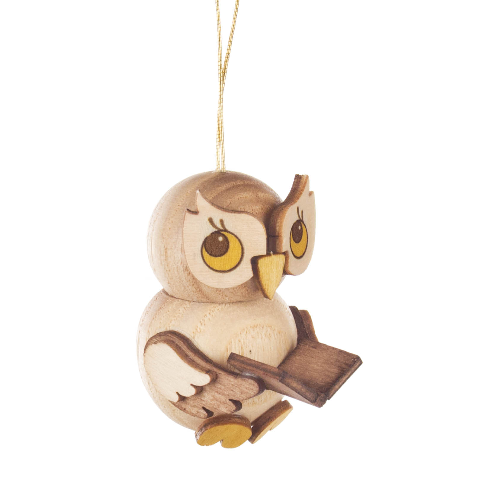 Holzfigur einer sitzenden Eule mit gelb-orangen Augen und Schnabel, die ein kleines Buch hält und als Dekoanhänger dient. im Dregeno Online Shop günstig kaufen