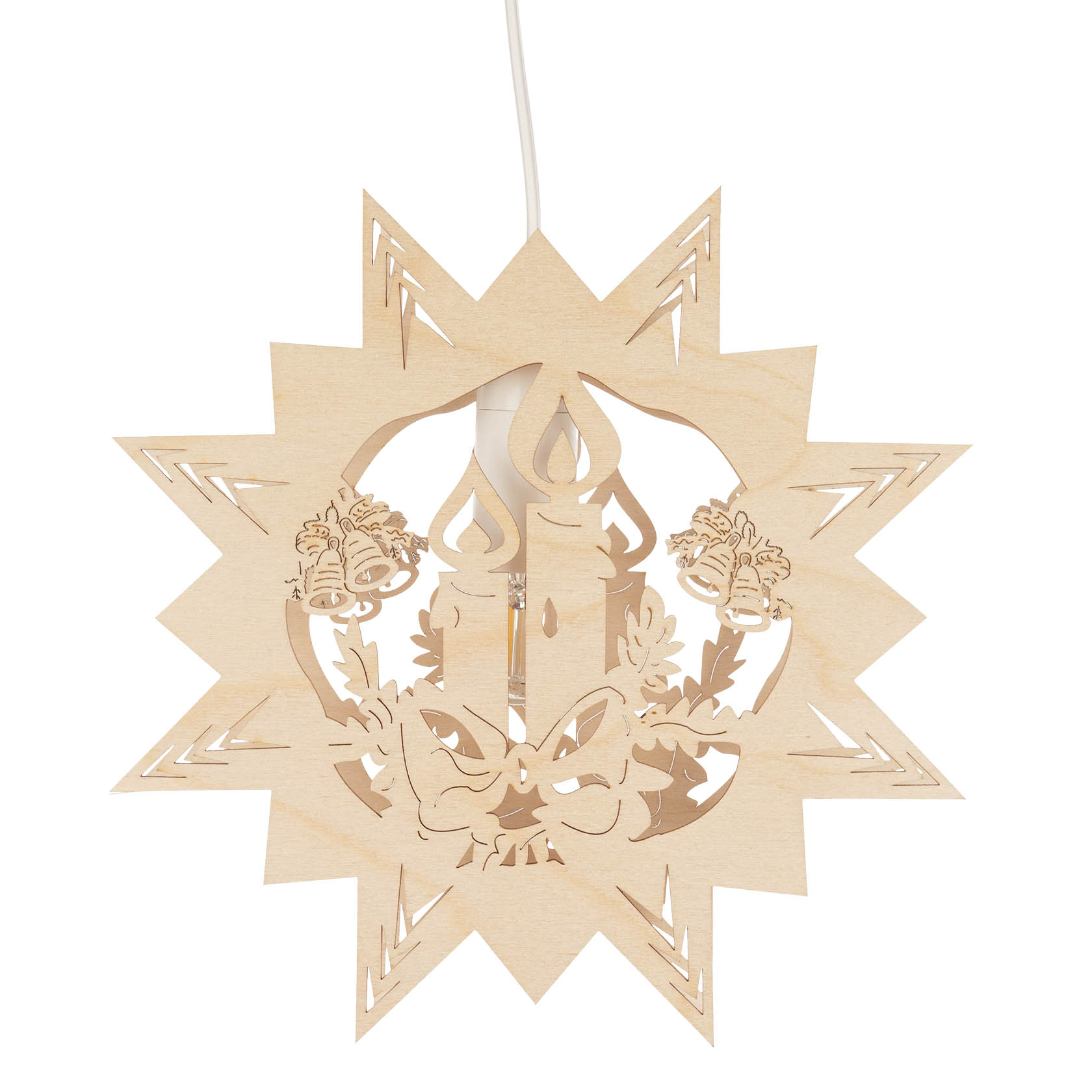 Holzfensterbild in Sternform mit ausgestanzten Motiven einer Kerze und Blumen, beleuchtet durch eine elektrische Glühbirne in der Mitte. im Dregeno Online Shop günstig kaufen
