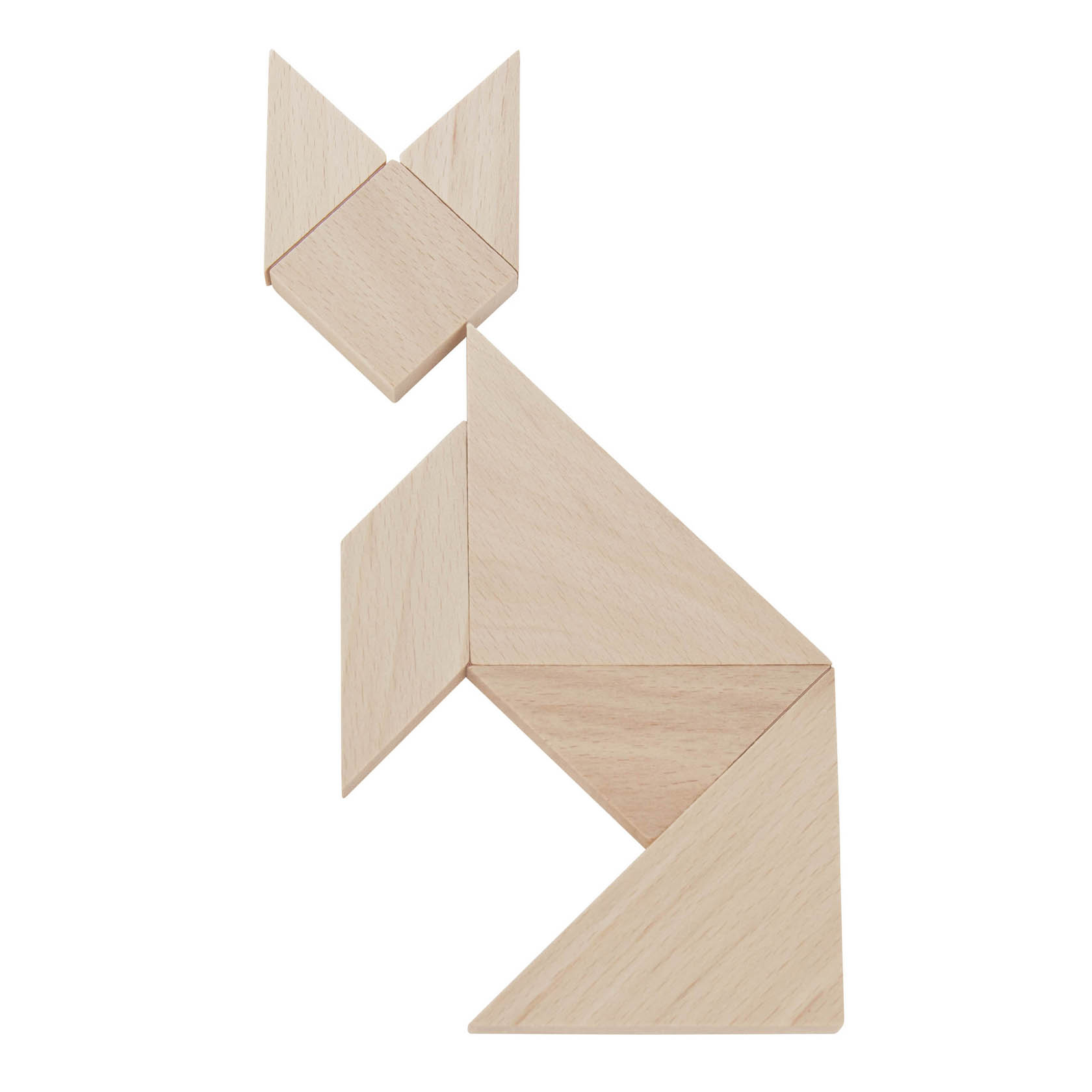 Ein aus sieben Tangram-Teilen zusammengesetztes Bild einer sitzenden Katze in Holzoptik.