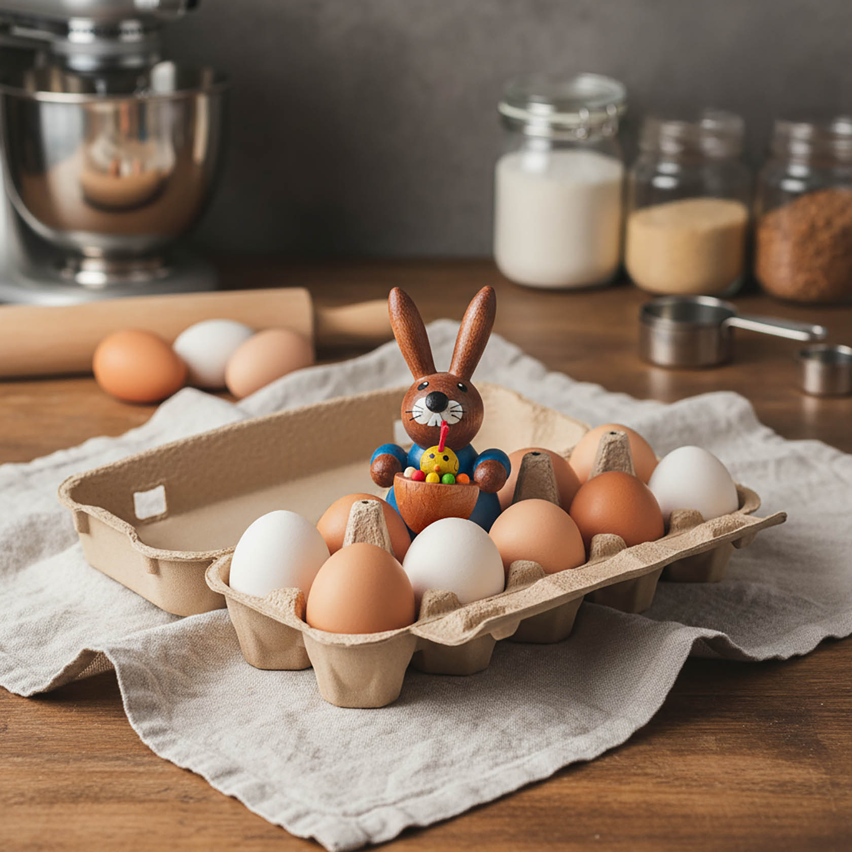 Hase mit Küken im Korb