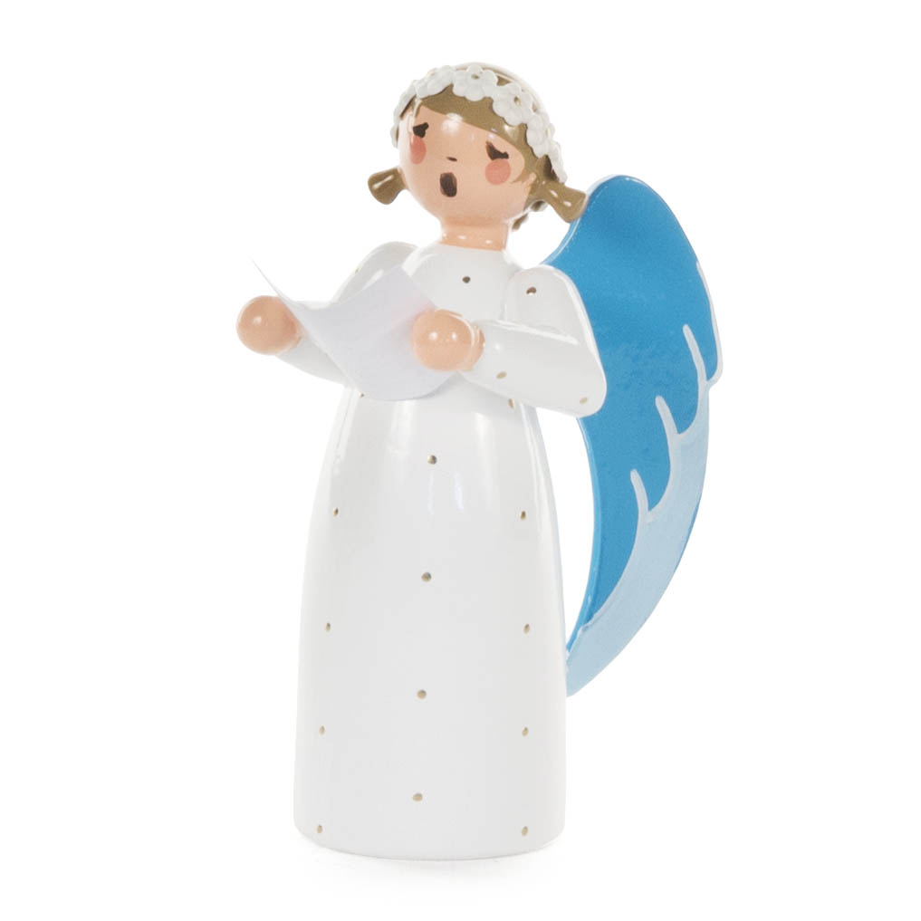 Holzengel mit blauen Flügeln und weißem Kleid, hält ein Notenblatt in den Händen. im Dregeno Online Shop günstig kaufen