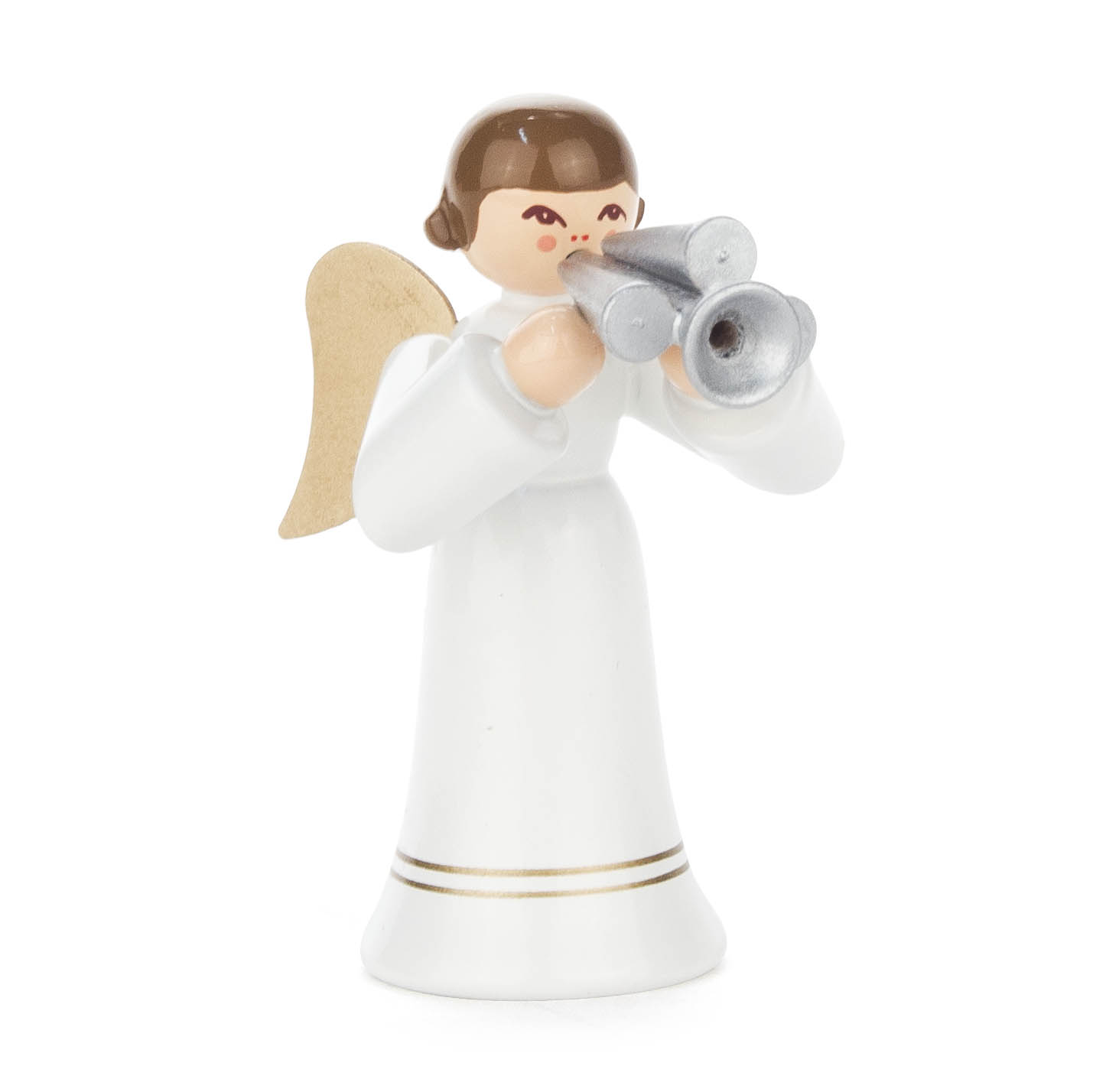 Figur eines Engels mit goldenen Flügeln und braunem Haar. Der Engel trägt einen langen, weißen Rock mit goldenen Streifen und spielt eine silberne Schalmei. im Dregeno Online Shop günstig kaufen