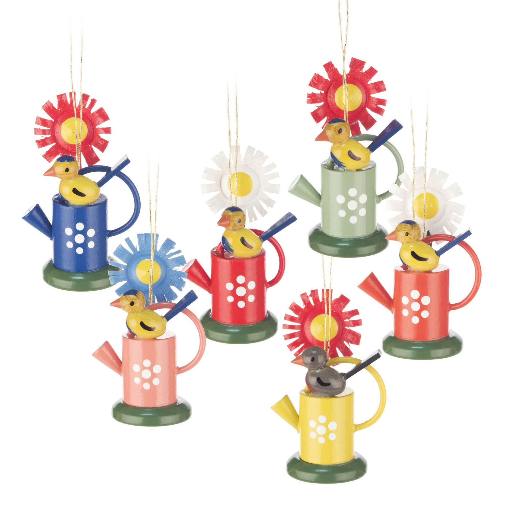 Sechs bunte Gießkannen-Aufhänger mit Blumenrad und kleinen gelben Vogel-Figuren. Die Gießkannen sind rot, blau, rosa, grün, gelb und grün. im Dregeno Online Shop günstig kaufen