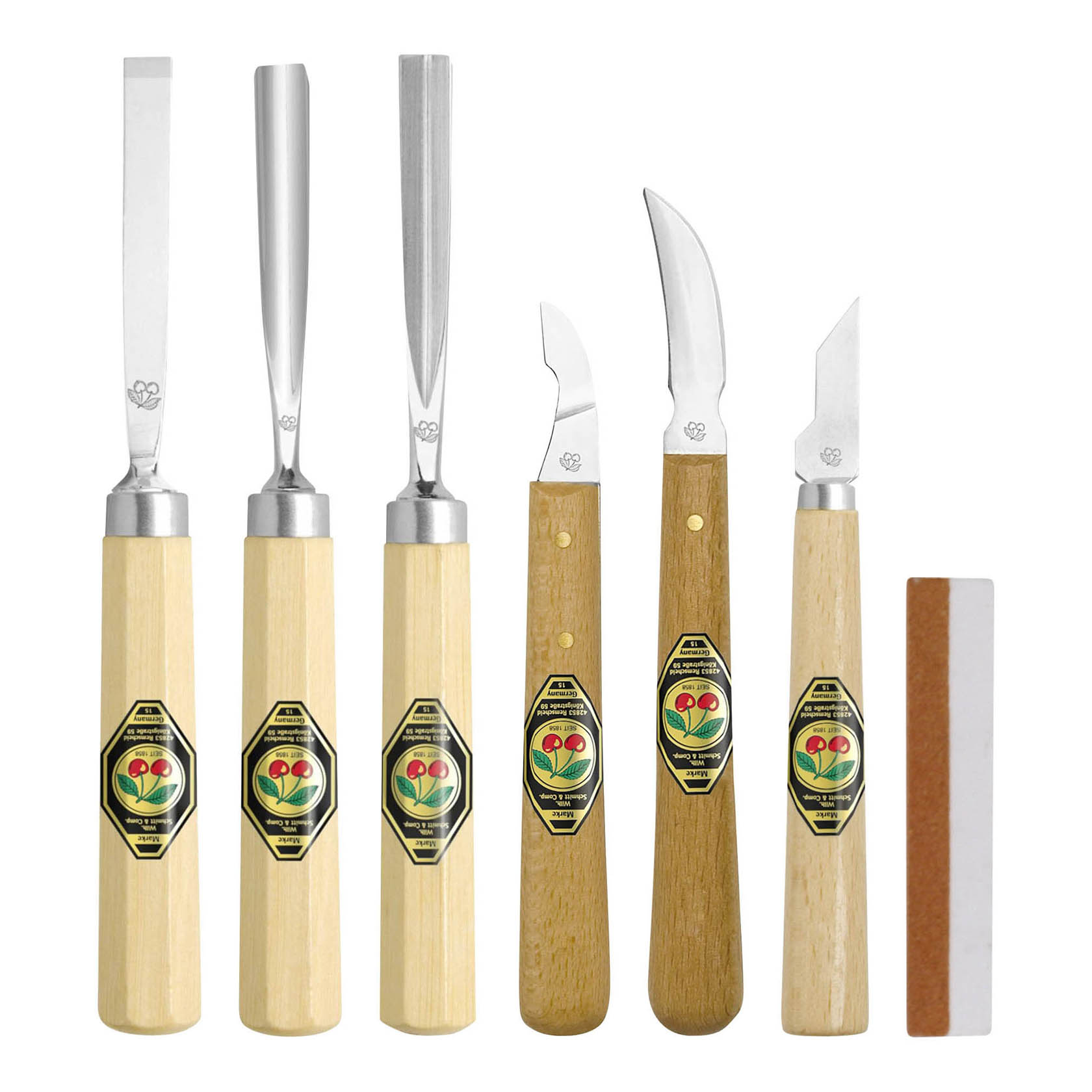 Ein 7-teiliges Schnitzgarnitur-Set bestehend aus 3 Beiteln, 3 Messern und 1 Abziehstein mit holzfarbenen Griffen und silbernen Klingen. im Dregeno Online Shop günstig kaufen