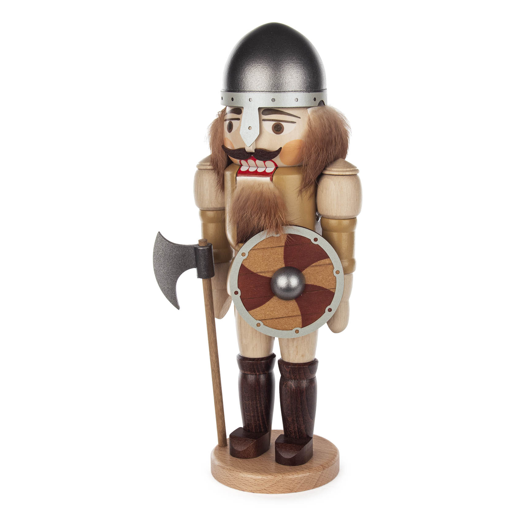 Holznussknacker in Form eines Wikingers mit Helm, Axt und Schild, aus Holz gefertigt. Er hat braunes Haar und einen Wikingerbart.