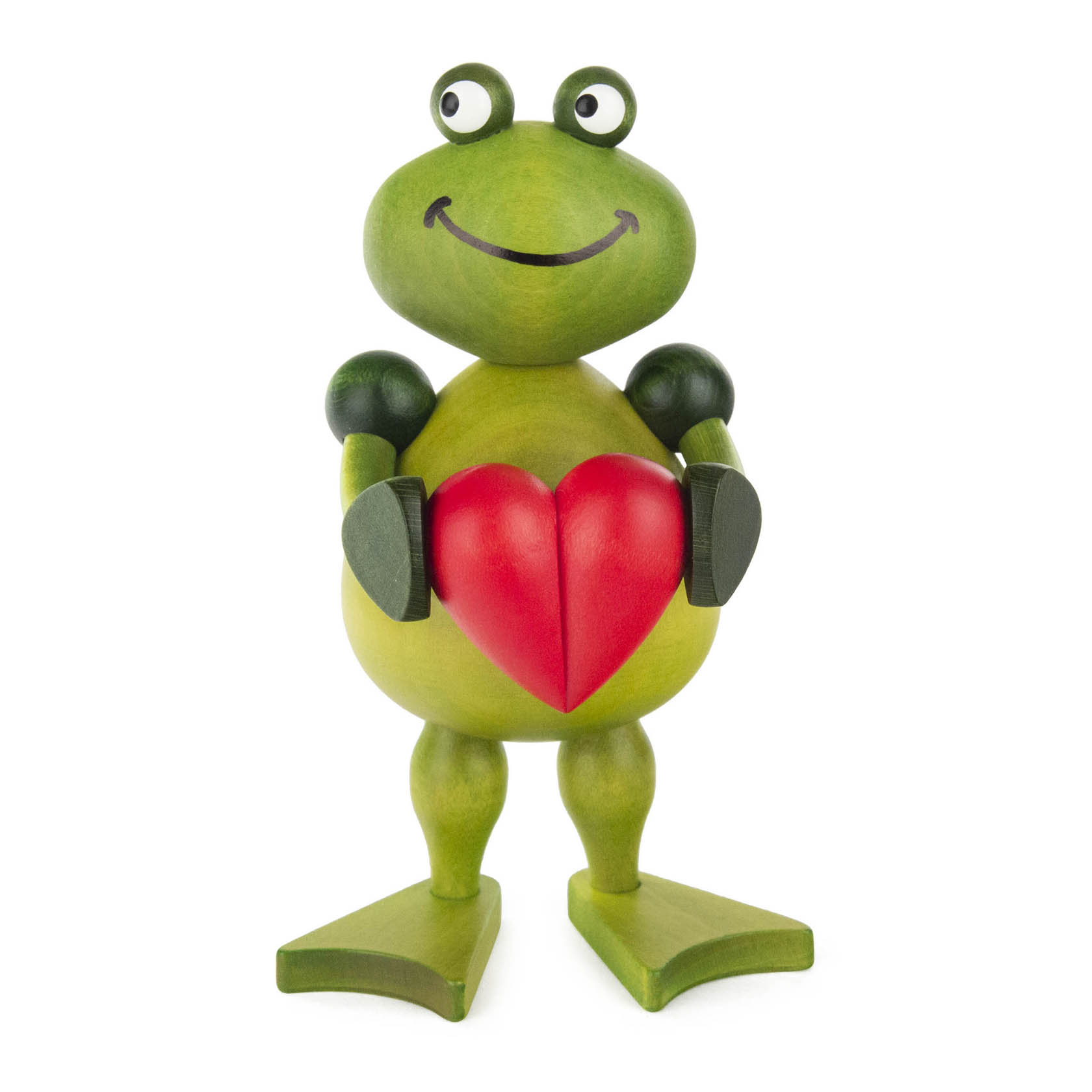 Holzfrosch mit einem großen roten Herz zwischen den Händen, lächelnd, mit großen Augen und grüner Bemalung. im Dregeno Online Shop günstig kaufen