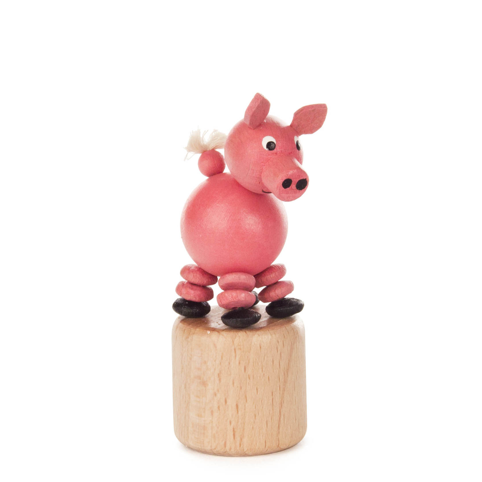 Ein rosafarbenes Wackeltier in Form eines Schweins mit einem Holzkörper, beweglichen Gliedmaßen und einem fröhlichen Gesicht, auf einem Holzsockel befestigt. im Dregeno Online Shop günstig kaufen