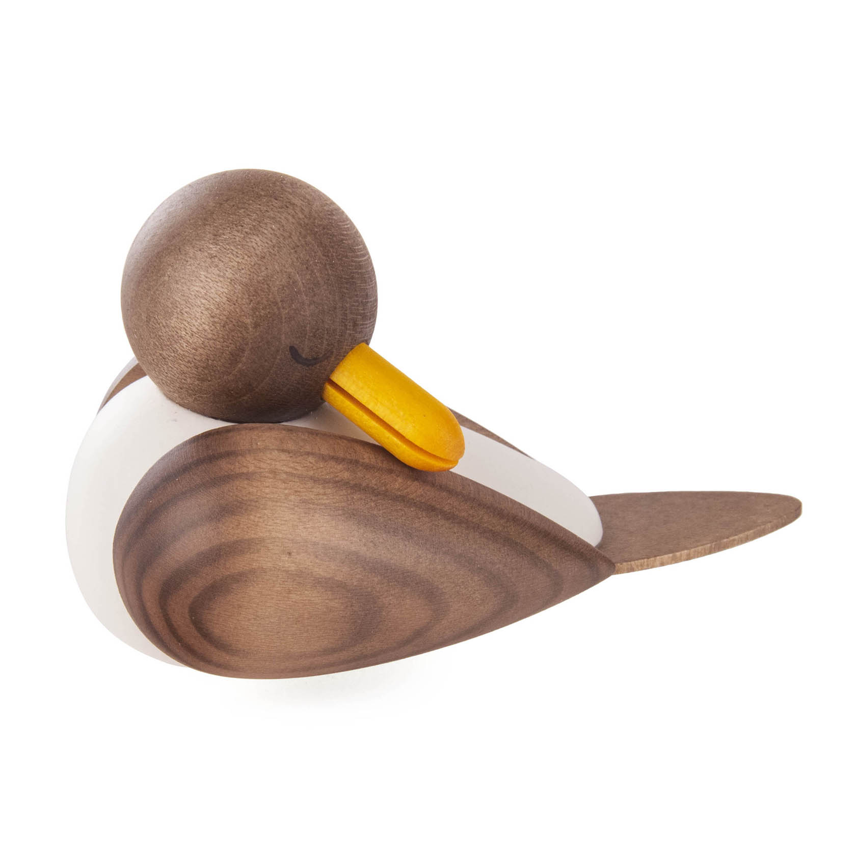 Holzfigur einer schlafenden Möwe mit braunen, weißen und orangefarbenen Elementen in minimalistischem Design. im Dregeno Online Shop günstig kaufen