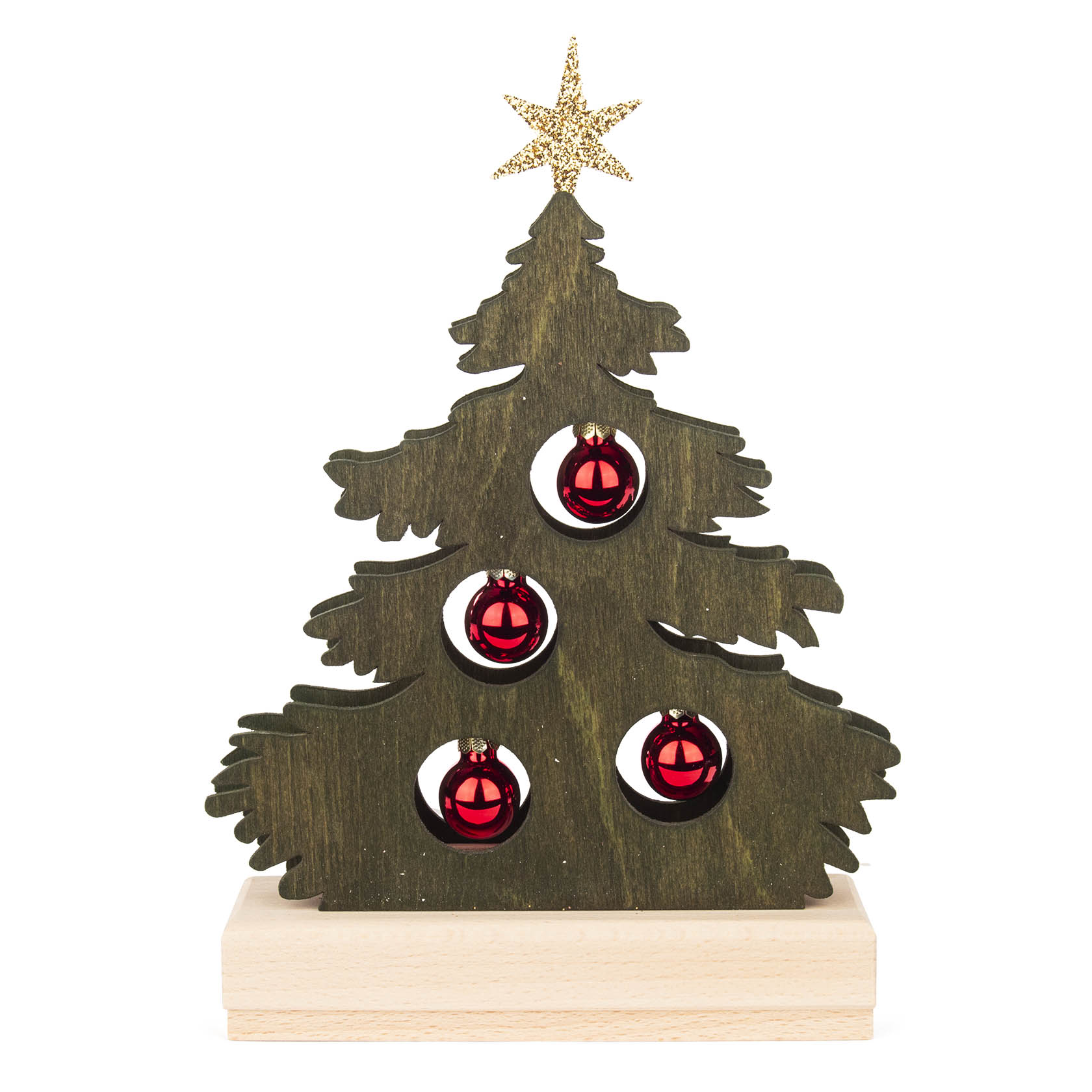 Holz-Tanne in grün mit roten Kugeln und einem LED-Strip auf einem Holzsockel, USB-Anschluss. Stern als Tannenbaumspitze. im Dregeno Online Shop günstig kaufen