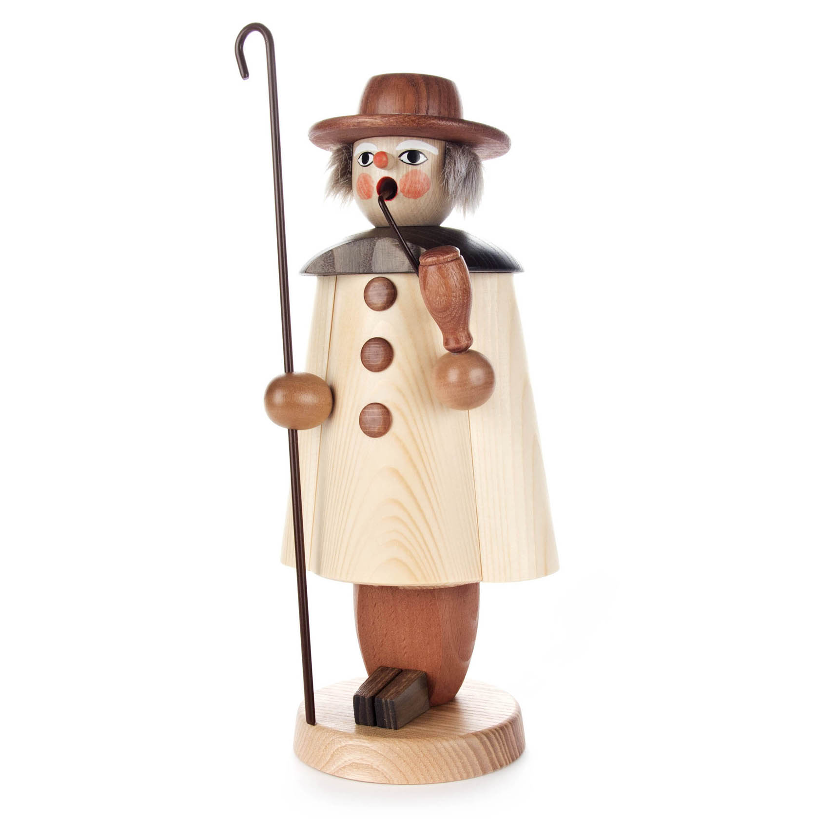 Large natural wood incense smoker figurine of a shepherd holding a staff and pipe, wearing a hat and cape. im Dregeno Online Shop günstig kaufen