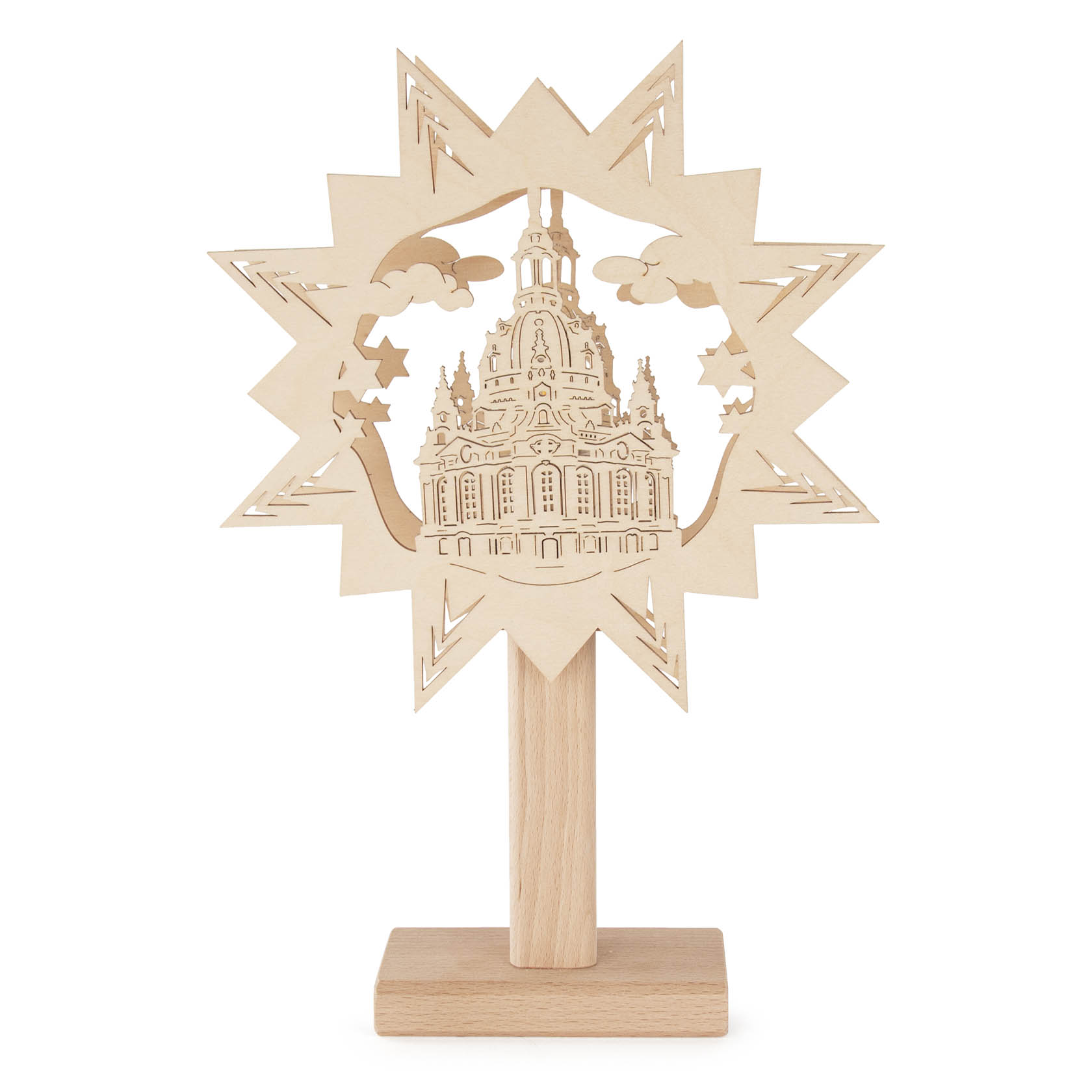 Holzdekor mit der Silhouette der Frauenkirche Dresden, umrahmt von einem sternförmigen Design, auf einem Sockel mit elektrischer Beleuchtung. im Dregeno Online Shop günstig kaufen