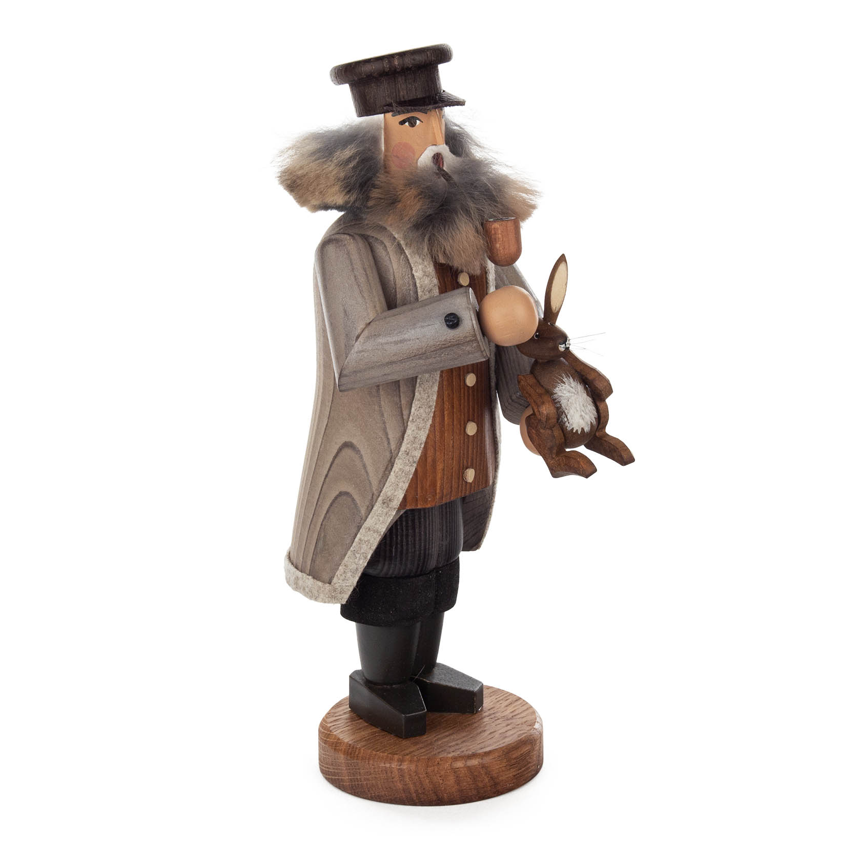 Wooden smoker figure of a farmer holding a pipe in one hand and a small bunny in the other.