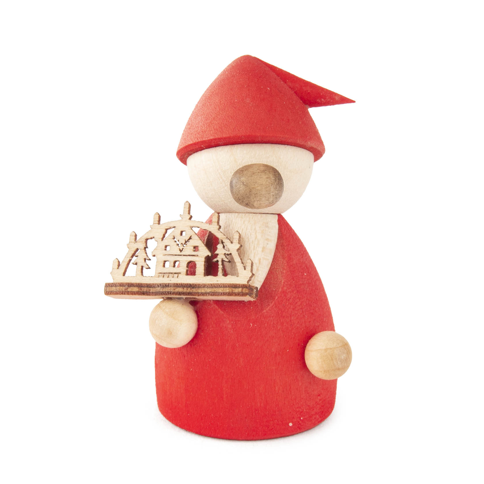 Ein kleiner Holzwichtel in rotem Gewand hält einen detaillierten, kleinen Lichterbogen aus Holz in den Händen. im Dregeno Online Shop günstig kaufen