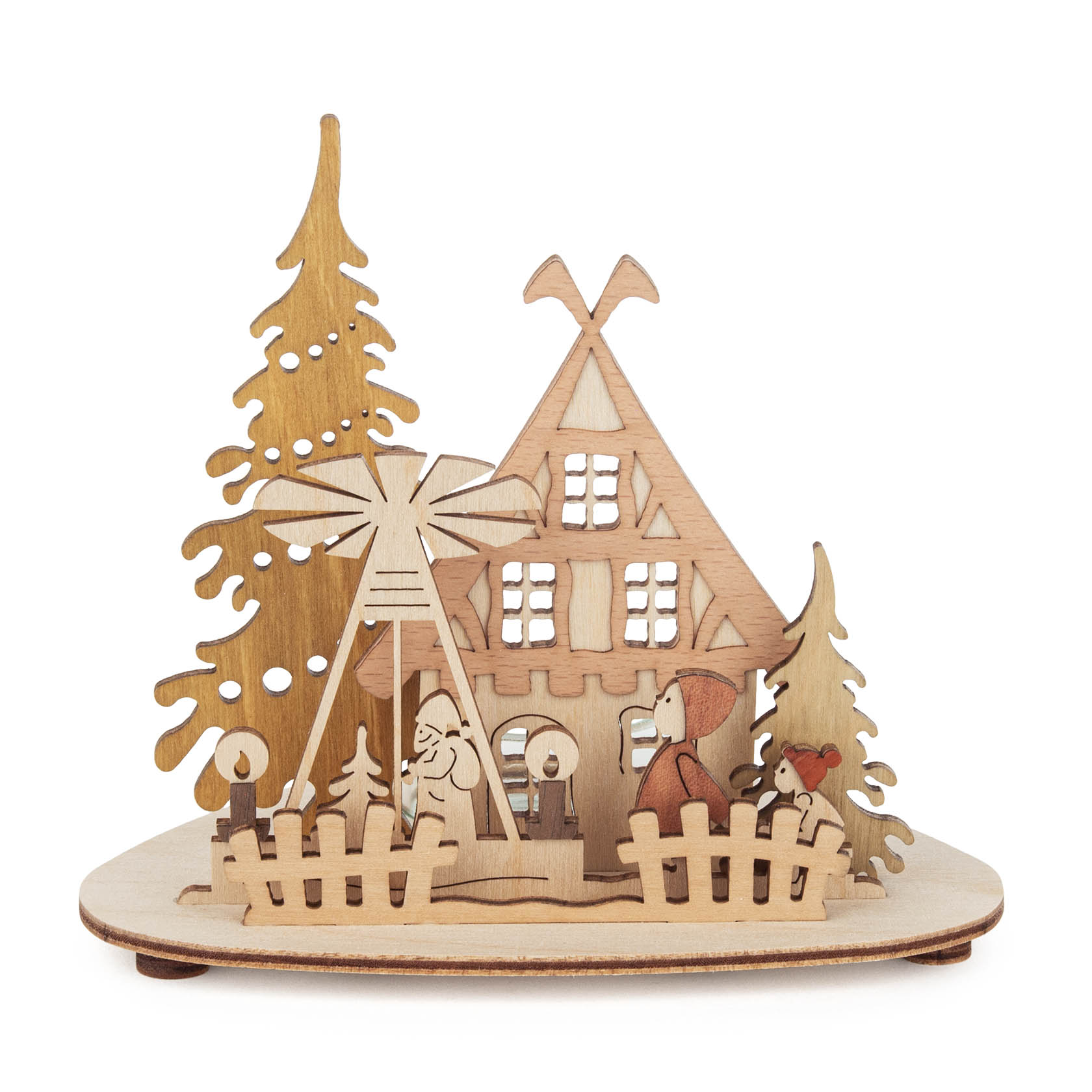 Holz-Teelichthalter-Pyramide mit einem Häuschen, Bäumen und Figuren, darunter Rotkäppchen, auf einer ovalen Holzgrundplatte. im Dregeno Online Shop günstig kaufen