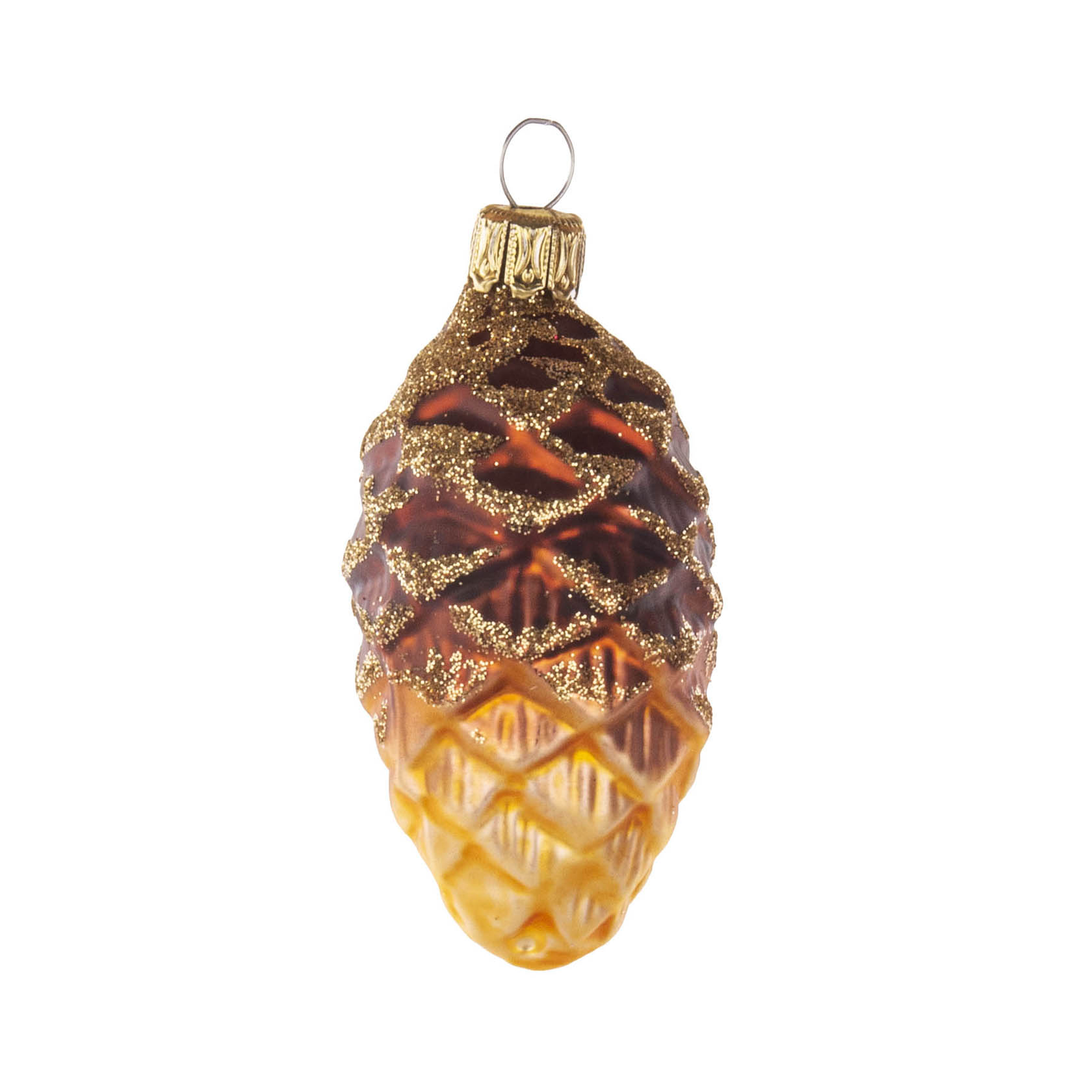 A brown and gold glittering Christmas tree ornament shaped like a pine cone, with intricate details and a gold cap loop for hanging. im Dregeno Online Shop günstig kaufen