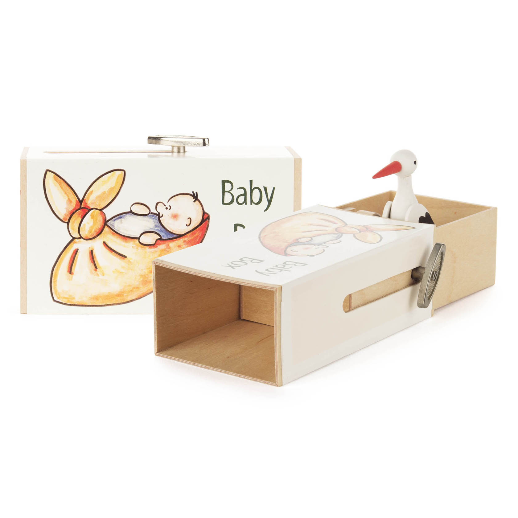 Holzschiebebox mit abnehmbarer Schublade zeigt einen gezeichneten Storch und ein Baby auf einer Schürze. Enthält einen kleinen Storch und spielt ein Wiegenlied. im Dregeno Online Shop günstig kaufen