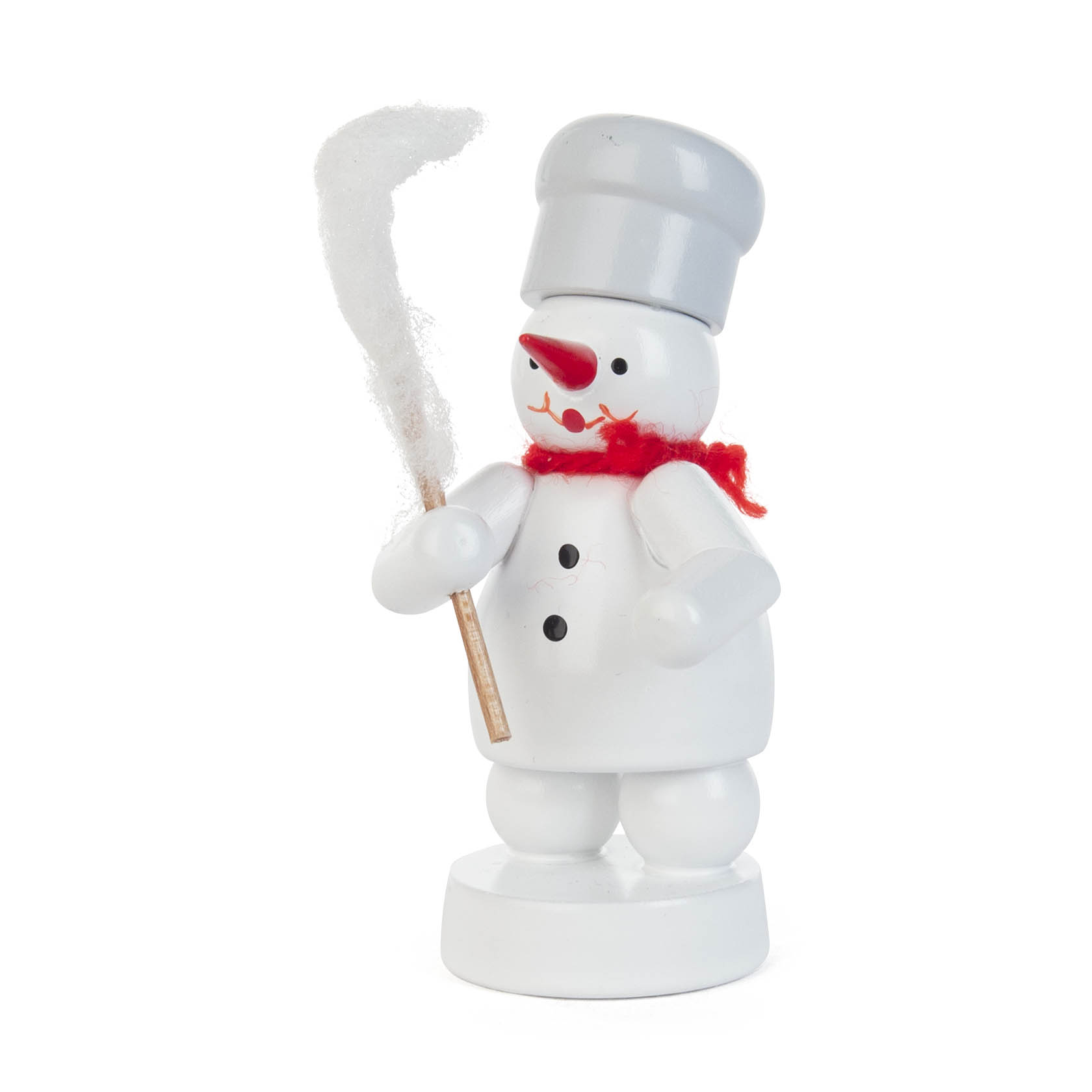 A snowman figurine dressed as a baker, with a chef's hat and red scarf, holding a stick with cotton candy. im Dregeno Online Shop günstig kaufen