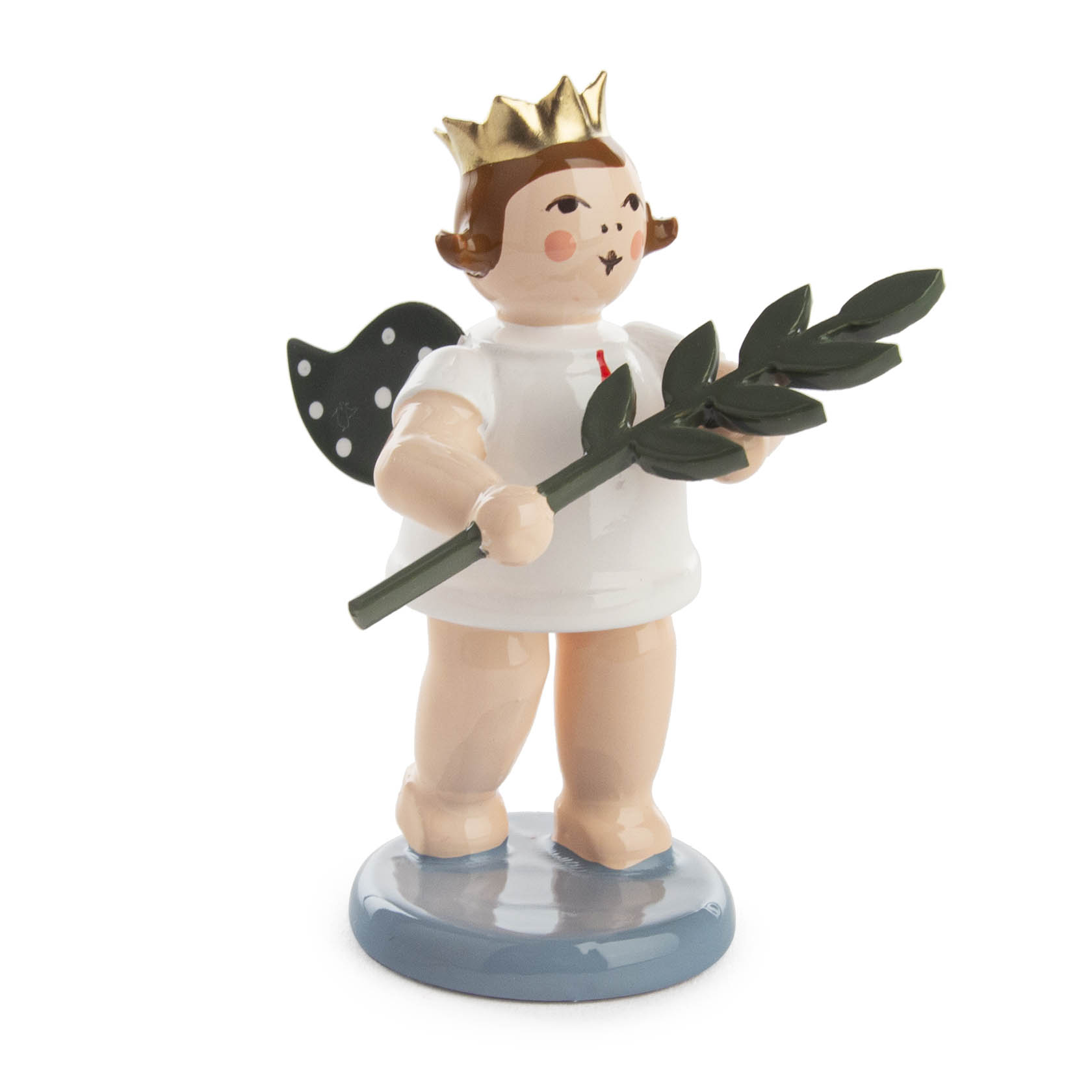 Eine Engel-Figur mit weißen Gewand, goldener Krone und grünen Flügeln. Der Engel hält einen grünen Friedenszweig und steht auf einem blauen Sockel. im Dregeno Online Shop günstig kaufen