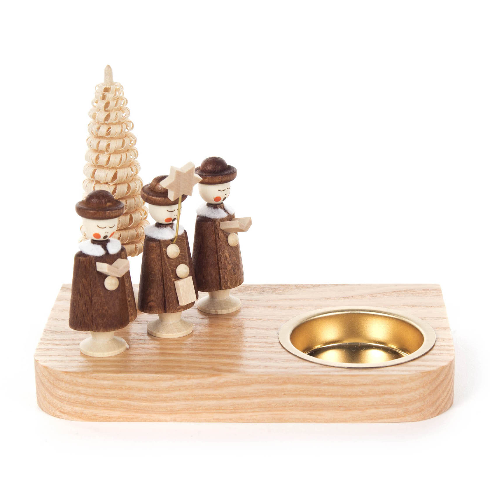 Holz-Teelichthalter mit drei Kurrendesängern in Braun-Weiß und einem gedrechselten Weihnachtsbaum. im Dregeno Online Shop günstig kaufen