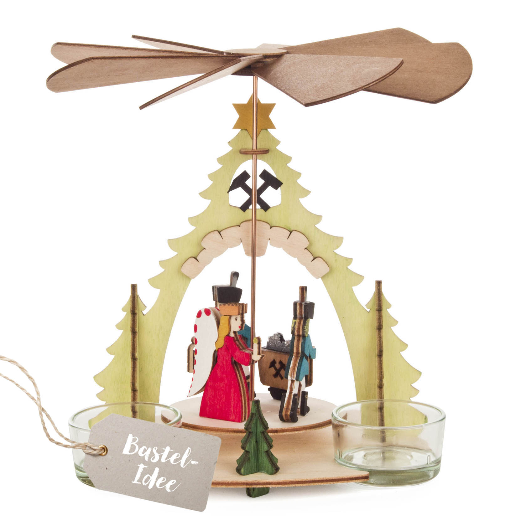 Holzpyramide im Erzgebirgsdesign mit einer Frau in roter Tracht und einem Bergmannfigur im Zentrum. Oben dreht sich ein Flügelrad. im Dregeno Online Shop günstig kaufen