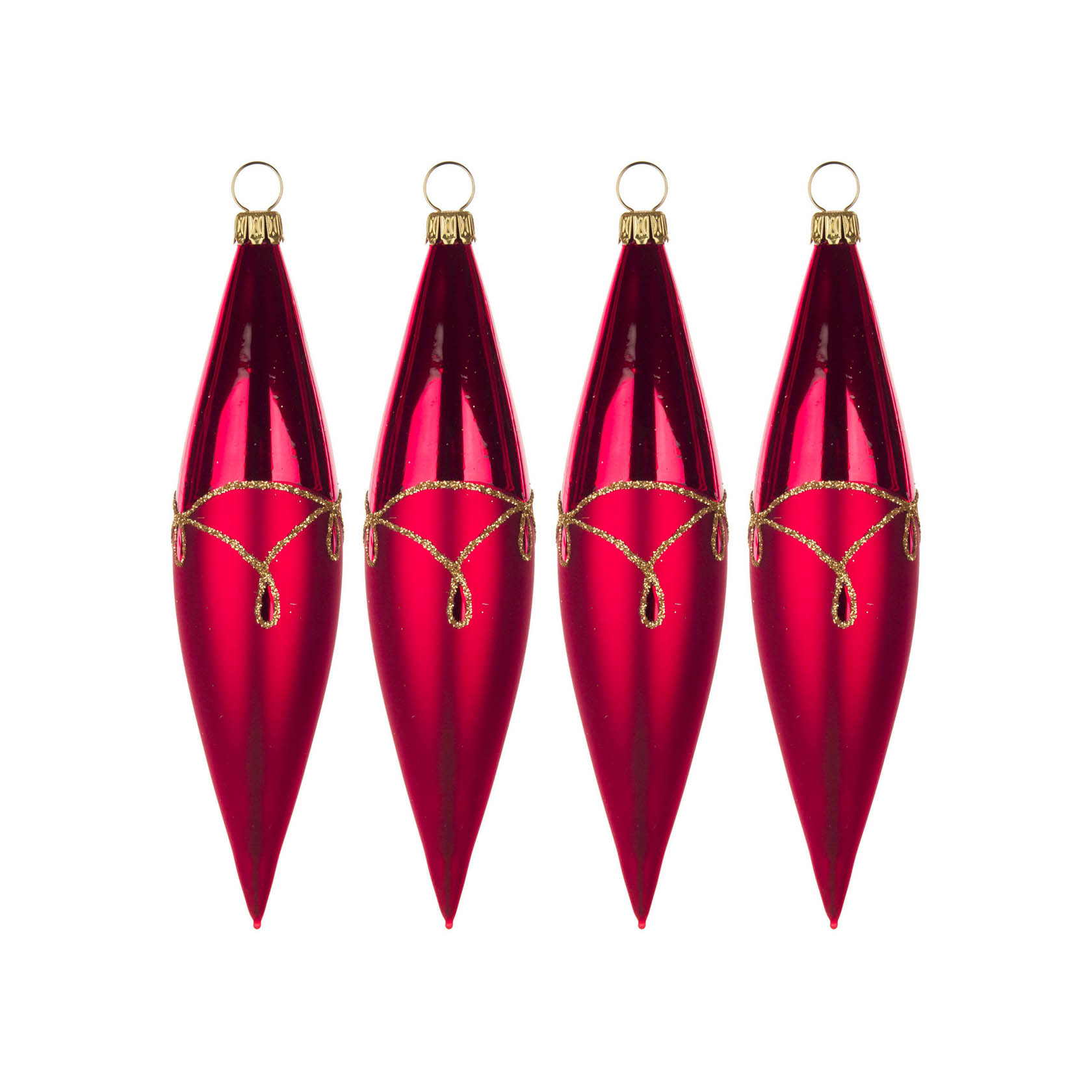 Vier rote, matt-glänzende, olivenförmige Weihnachtskugeln mit goldenen Tropfenmustern, je 14 cm hoch. im Dregeno Online Shop günstig kaufen