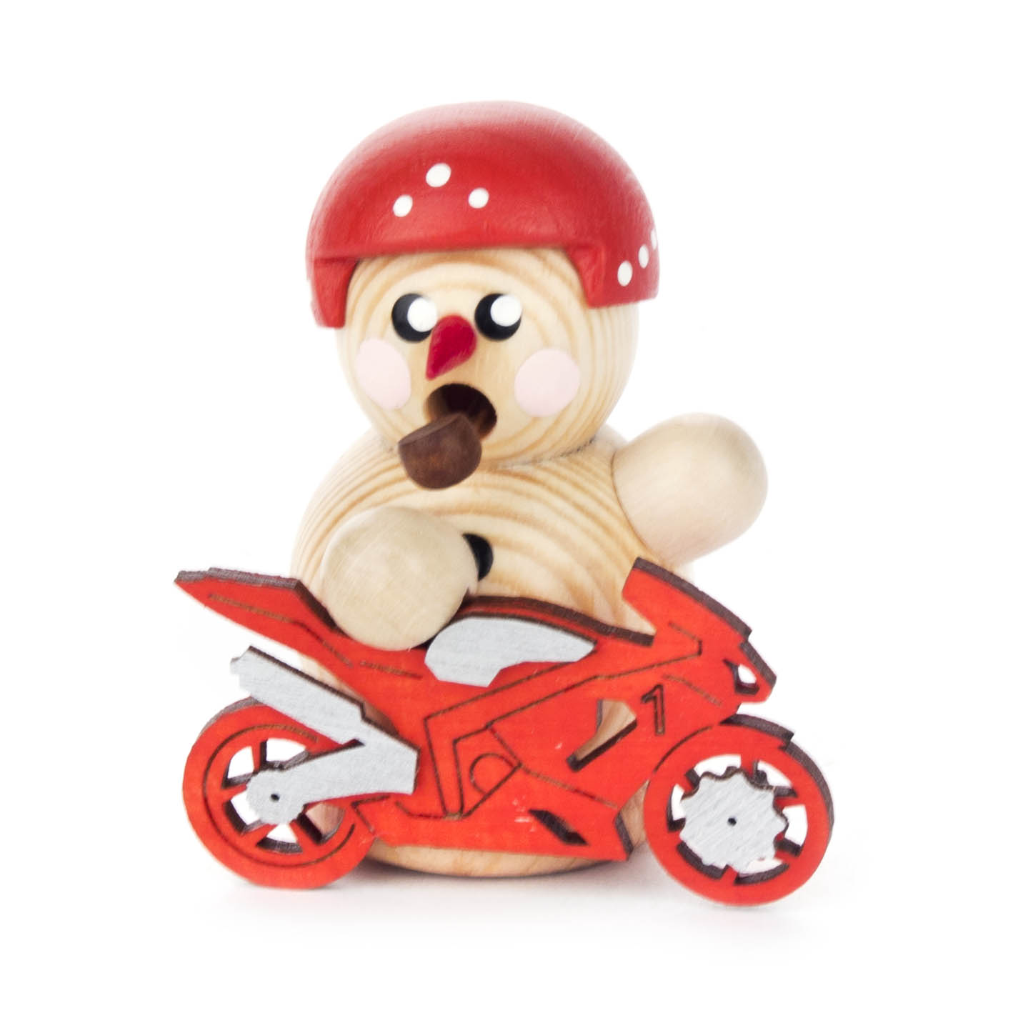 Räuchermann-Figur in Form eines Bikers mit rotem Helm, roter Nase und einem roten Motorrad im Dregeno Online Shop günstig kaufen