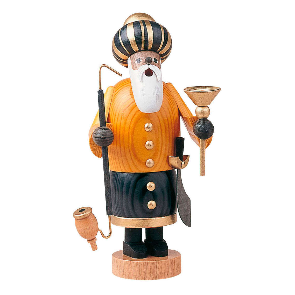 Holzfigur eines Räuchermanns namens Melchior, 22 cm hoch, mit einem langen weißen Bart, einem orangefarbenen Turban, einer Pfeife und einem Kelch. im Dregeno Online Shop günstig kaufen
