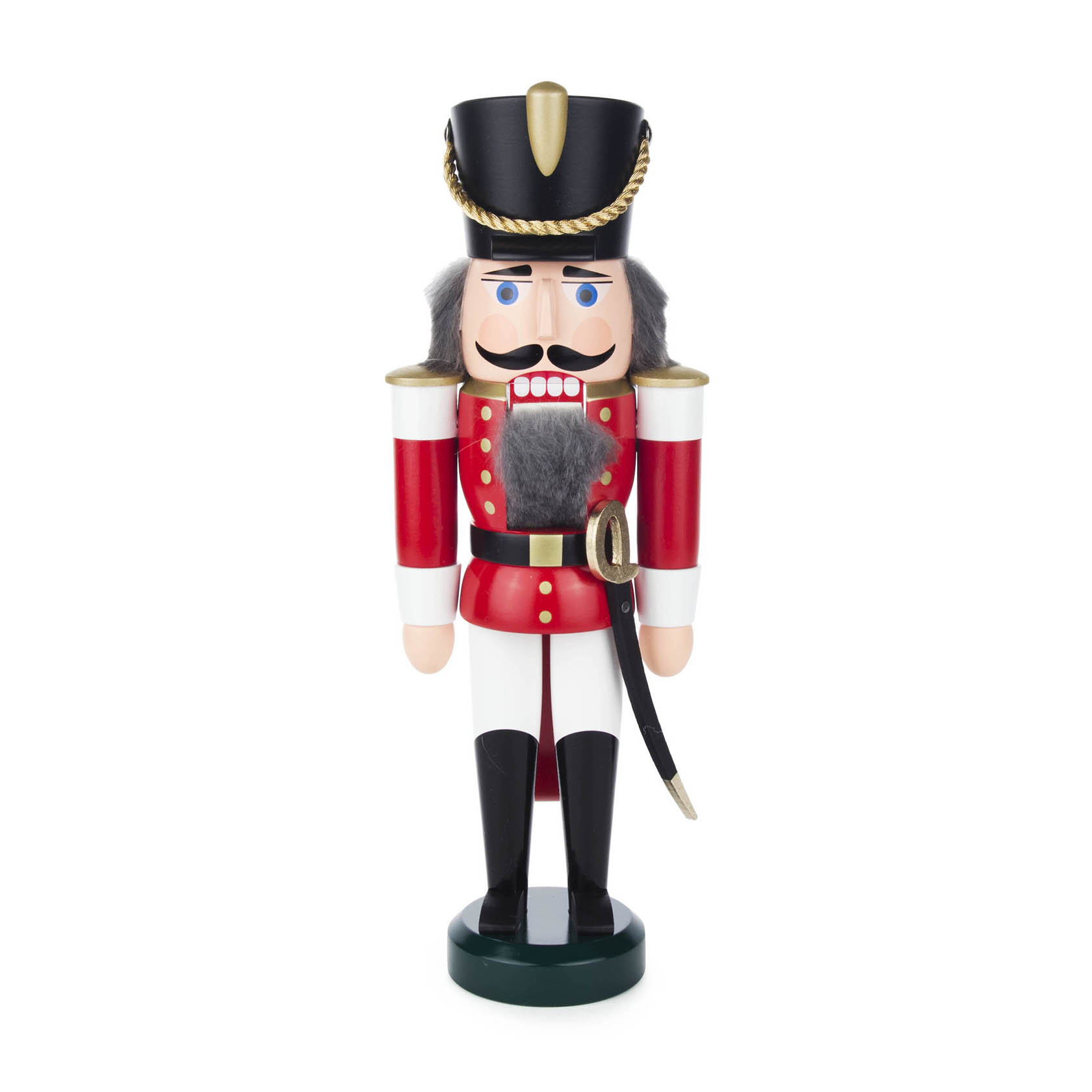 Nussknacker in der Uniform eines roten und weißen Husaren mit schwarzen Stiefeln und einem traditionellen Hut, 28 cm groß. im Dregeno Online Shop günstig kaufen