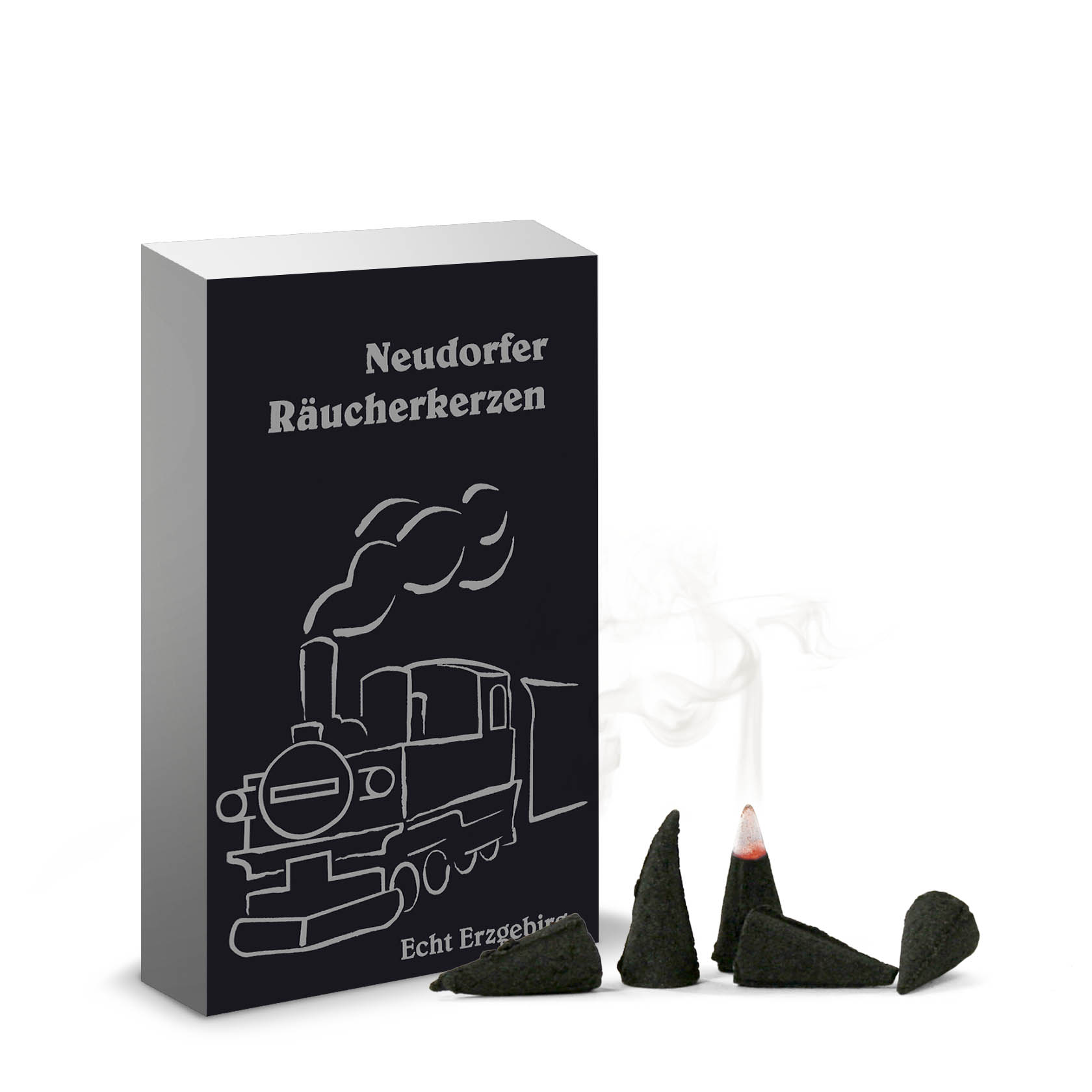 A box of Neudorfer Räucherkerzen with the image of a steam locomotive. In front, there are lit incense cones emitting smoke. im Dregeno Online Shop günstig kaufen