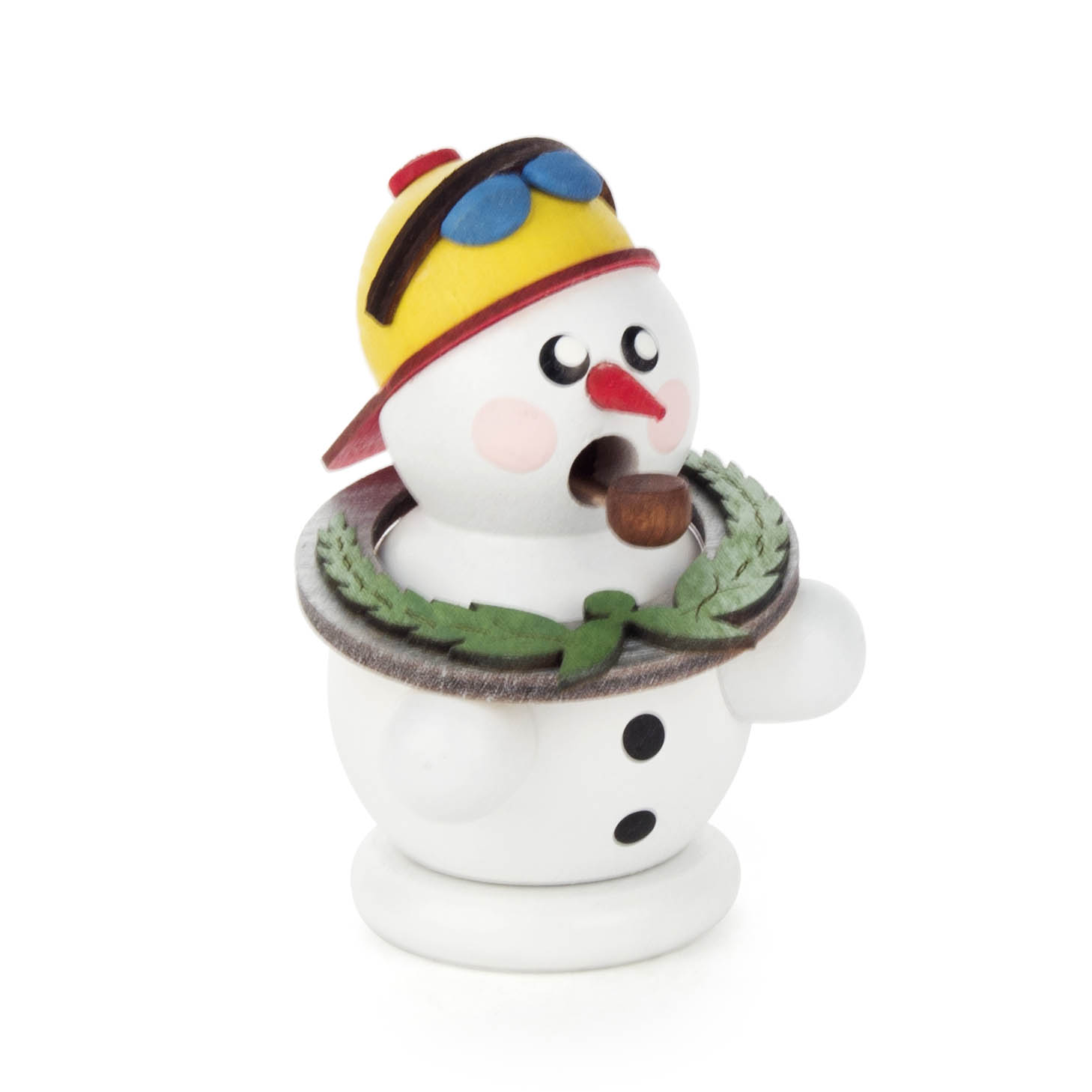 Ein Mini-Räuchermann in Form eines Schneemanns mit roter Nase, gelbem Siegerhelm, Sonnenbrille, Pfeife und Lorbeerkranz um den Hals. im Dregeno Online Shop günstig kaufen