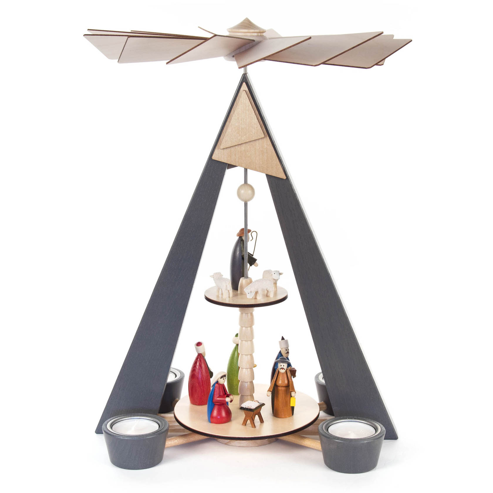 Zweistufige Pyramide mit grauem Gestell, bunter Christusgeburt-Figuren, für Teelichter geeignet. Figuren aus Holz, u.a. Maria, Josef und ein Engel. im Dregeno Online Shop günstig kaufen