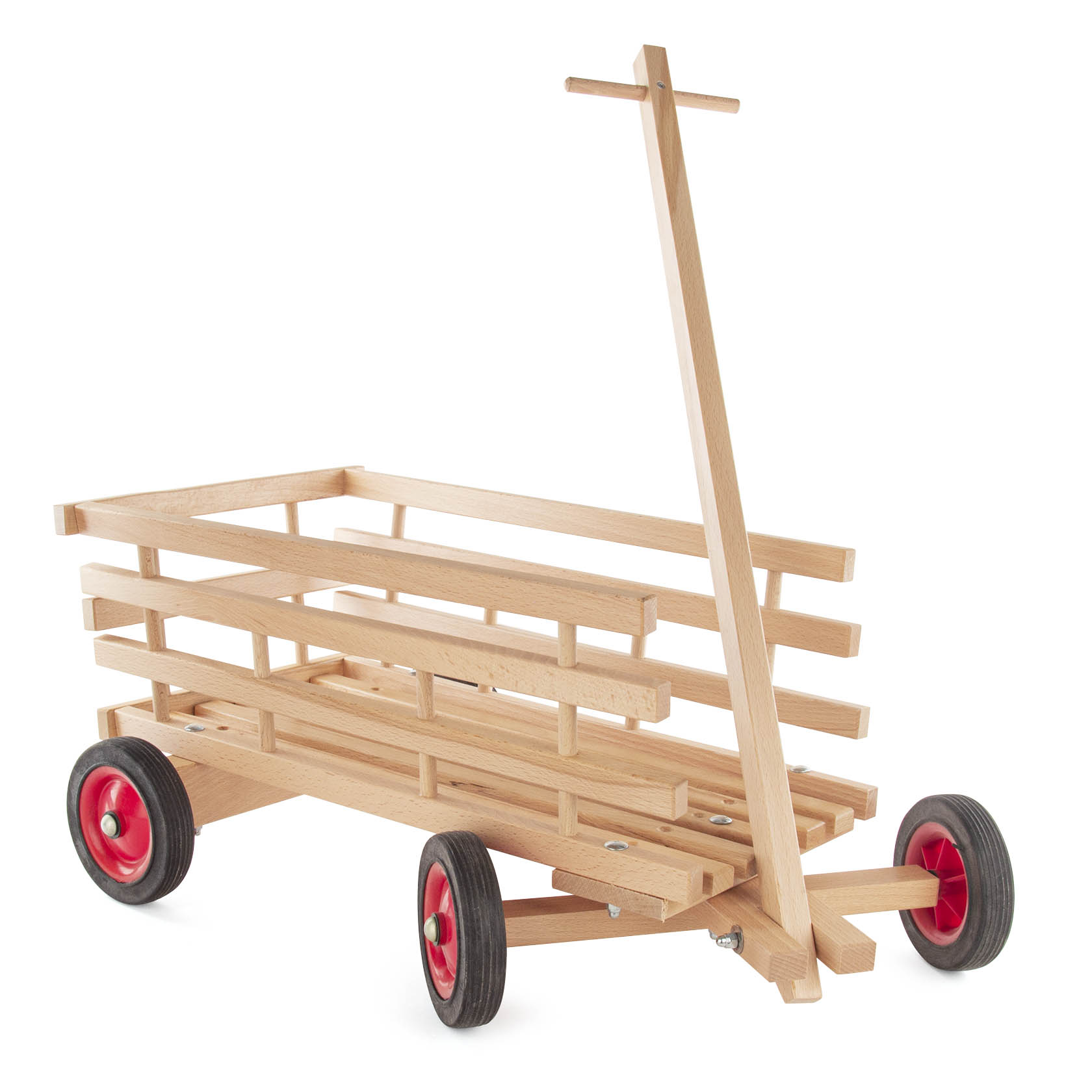 Ein kleiner Leiterwagen aus Holz mit roten Kunststoffrädern und einer langen Holzdeichsel. im Dregeno Online Shop günstig kaufen