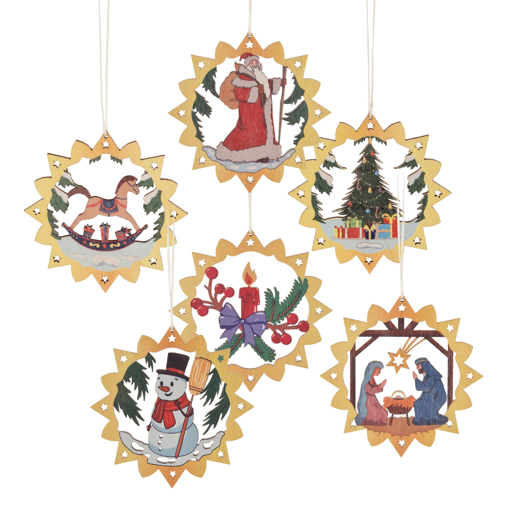 Six colorful paper ornaments hanging, featuring Santa, a sleigh, a decorated tree, a candle, a snowman, and a nativity scene. im Dregeno Online Shop günstig kaufen