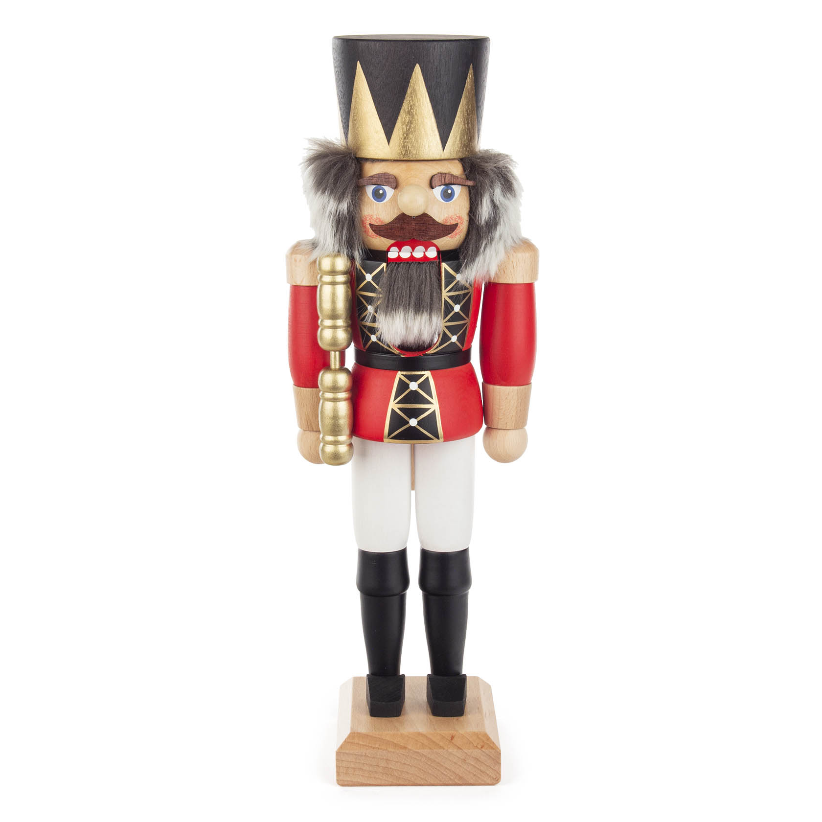 Ein rot lasierter Nussknacker in Königsuniform mit goldenen Details, weißem Bart und schwarzem Zylinder, 36 cm groß. im Dregeno Online Shop günstig kaufen