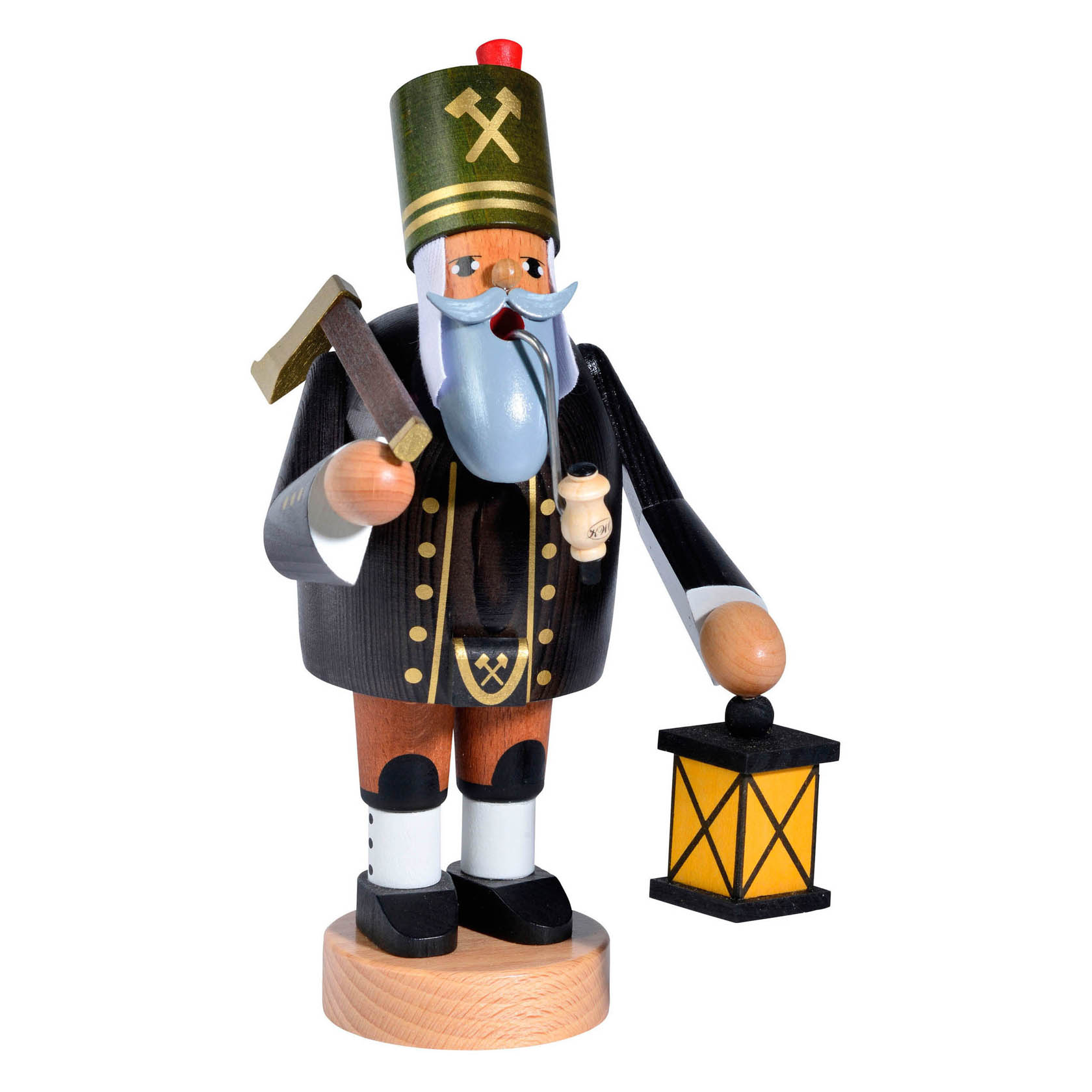 Holzfigur eines Bergmanns als Räuchermann mit Axt in der rechten Hand und einer Laterne in der linken Hand, etwa 20cm groß, mit typischem Bergmannshut. im Dregeno Online Shop günstig kaufen