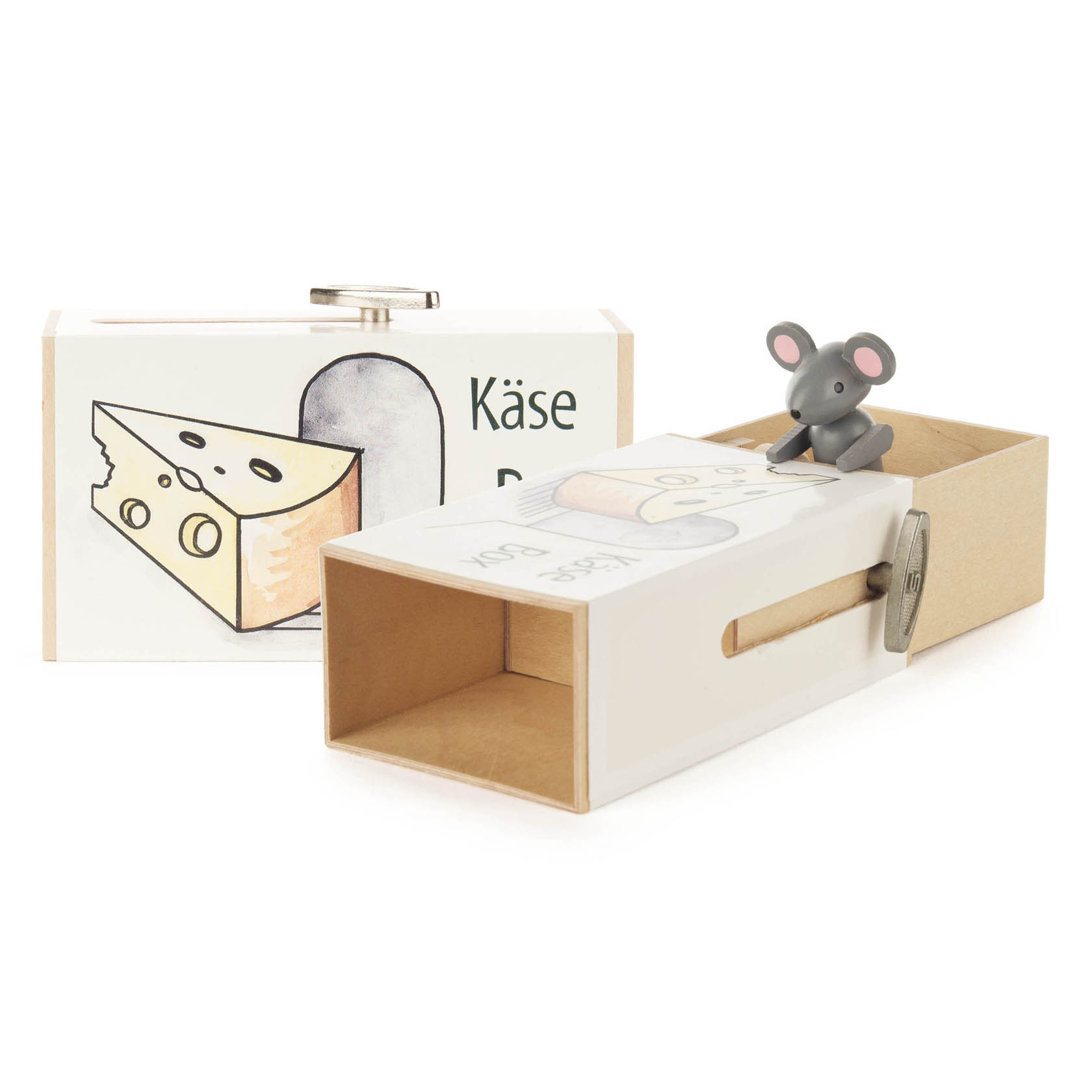 Eine Schiebebox mit der Aufschrift 'Käse-Box' und einem Zeichnung von Käse. Eine kleine Plastikmaus sitzt oben auf der Box. im Dregeno Online Shop günstig kaufen