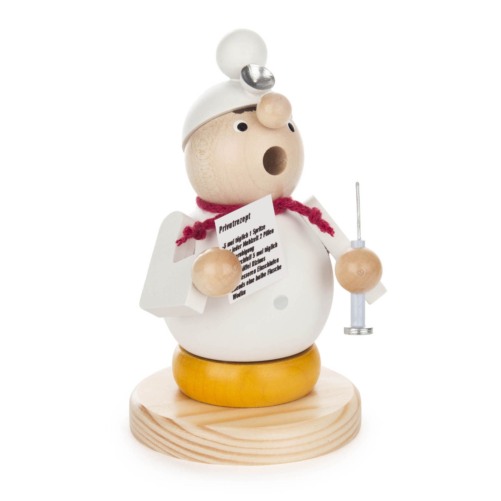 Ein hölzerner Räuchermann in Form eines Arztes mit Stethoskop und Spritze in der Hand, auf einem runden Sockel stehend. im Dregeno Online Shop günstig kaufen