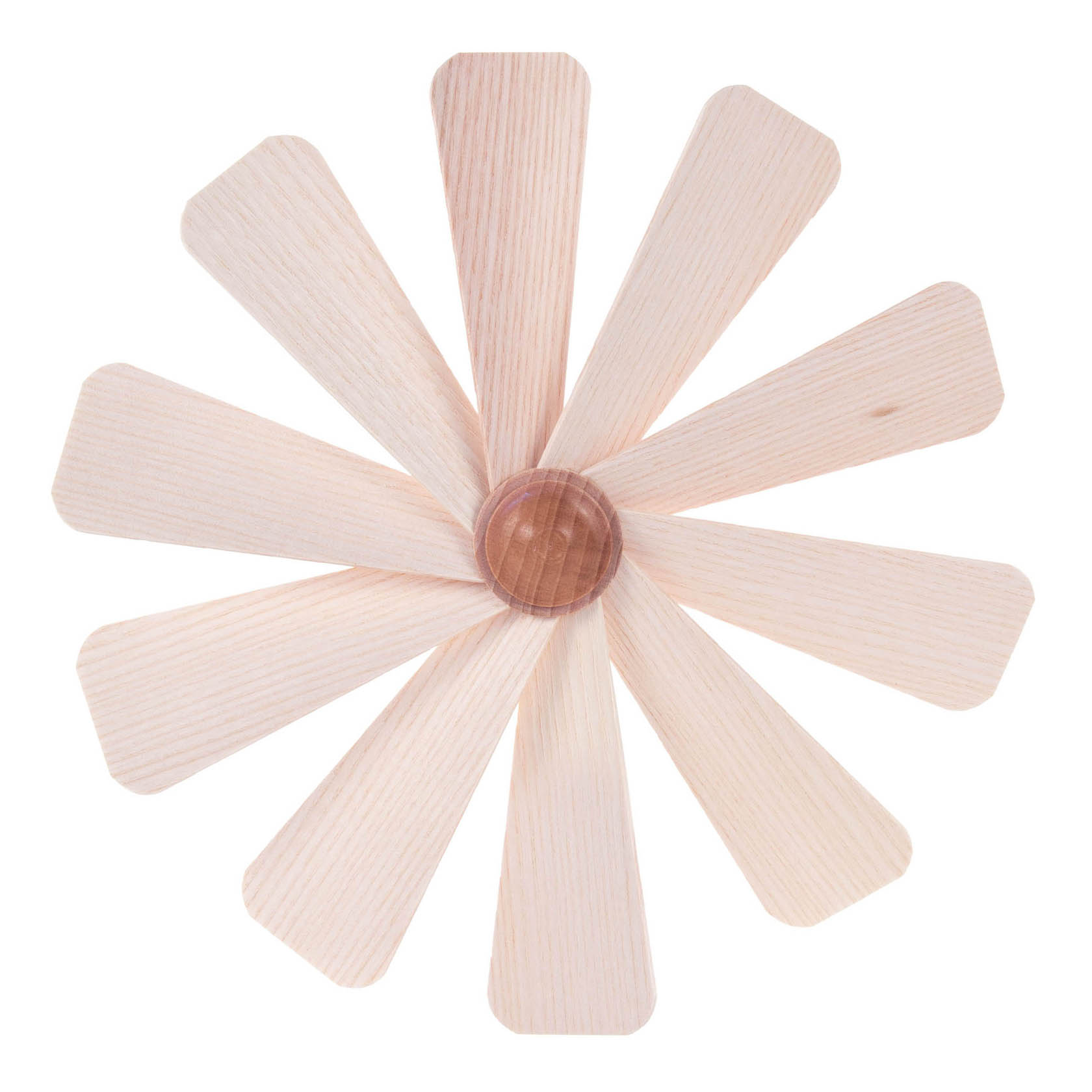 Ein helles, holzfarbenes Flügelrad mit acht länglichen, abgerundeten Flügeln, das in der Mitte durch einen Holznaben verbunden ist. im Dregeno Online Shop günstig kaufen
