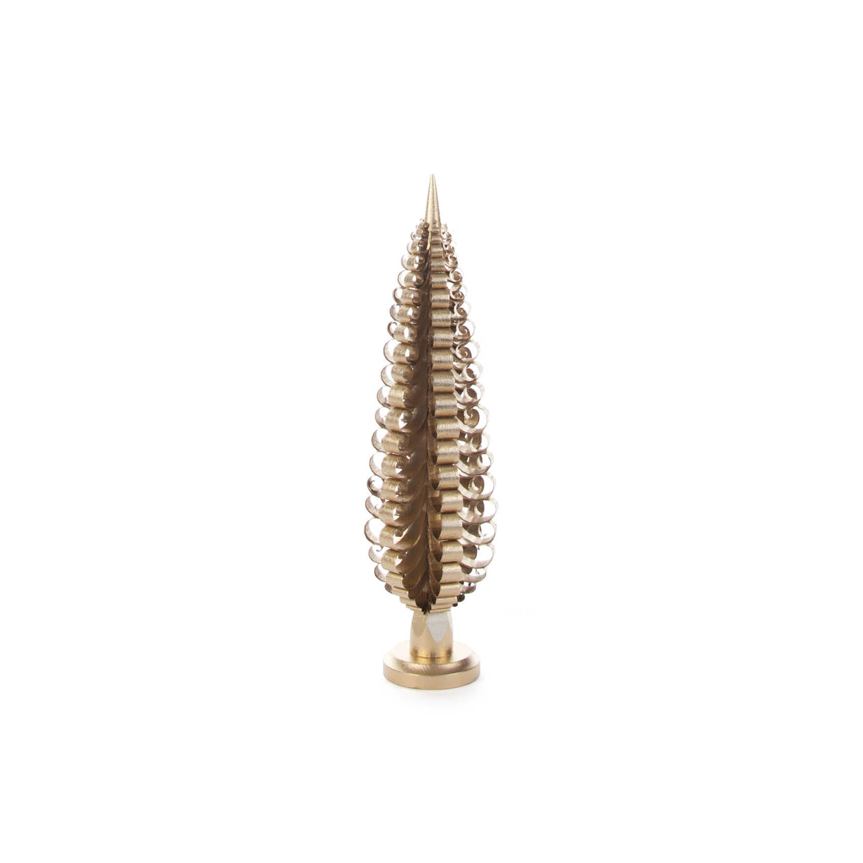 Ein schlanker, vergoldeter Spanbaum mit spiralförmig angeordneten Schichten auf einem runden Sockel. im Dregeno Online Shop günstig kaufen