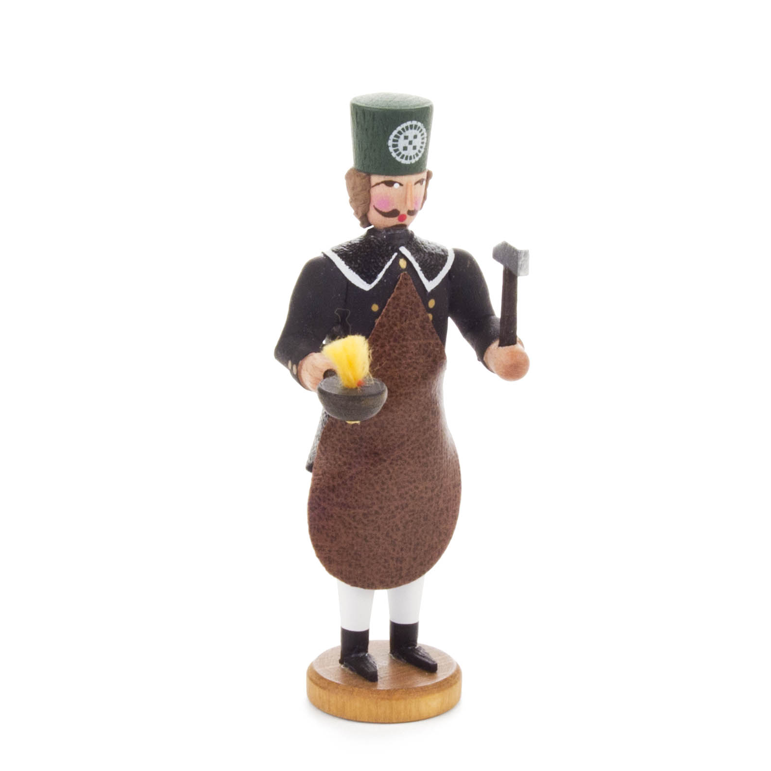 Holzfigur eines Bergmanns mit grünem Hut, brauner Schürze, in der rechten Hand eine Laterne und in der linken Hand einen Hammer haltend. im Dregeno Online Shop günstig kaufen