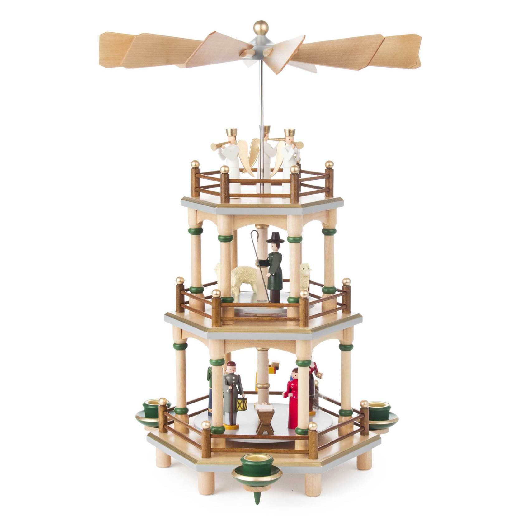 Holzpyramide mit zwei Ebenen, dekoriert mit Figuren der Geburt Christi, drehbarem Propeller oben, für Kerzen mit 14mm Durchmesser. im Dregeno Online Shop günstig kaufen