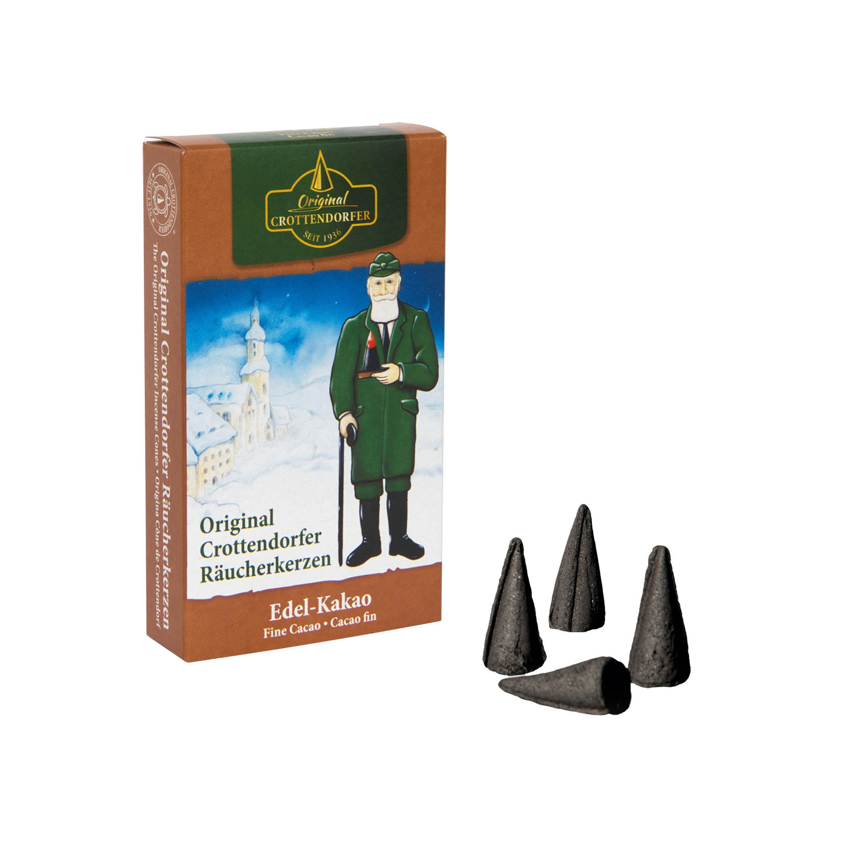 Verpackung von Crottendorfer Räucherkerzen 'Edel-Kakao' neben mehreren ausgepackten Räucherkerzen in der Form kleiner Kegel. im Dregeno Online Shop günstig kaufen