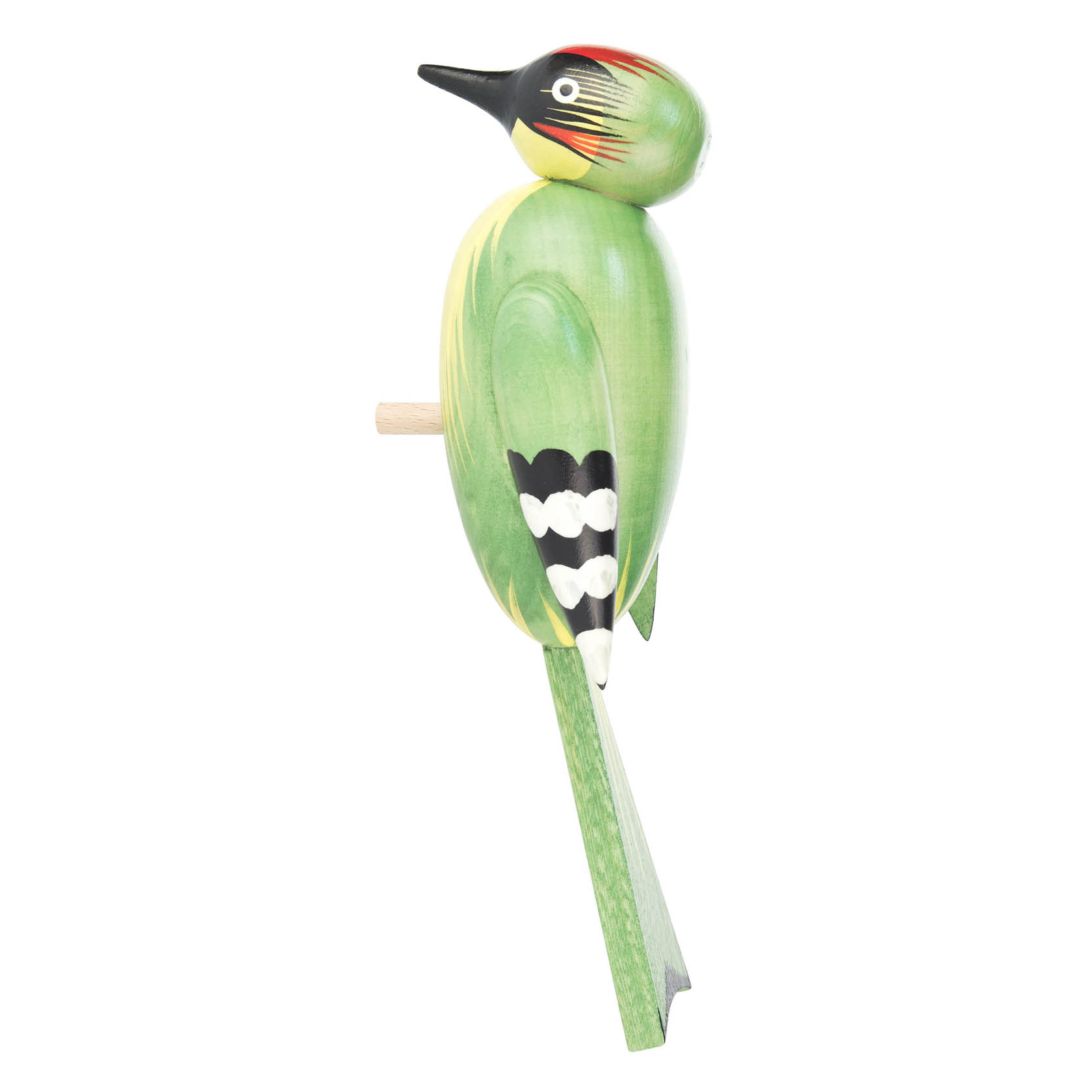 Holzfigur eines Grünspechts, bunt bemalt in grün, gelb, schwarz und rot mit einem langen Schnabel und schwarzem Kopf. im Dregeno Online Shop günstig kaufen