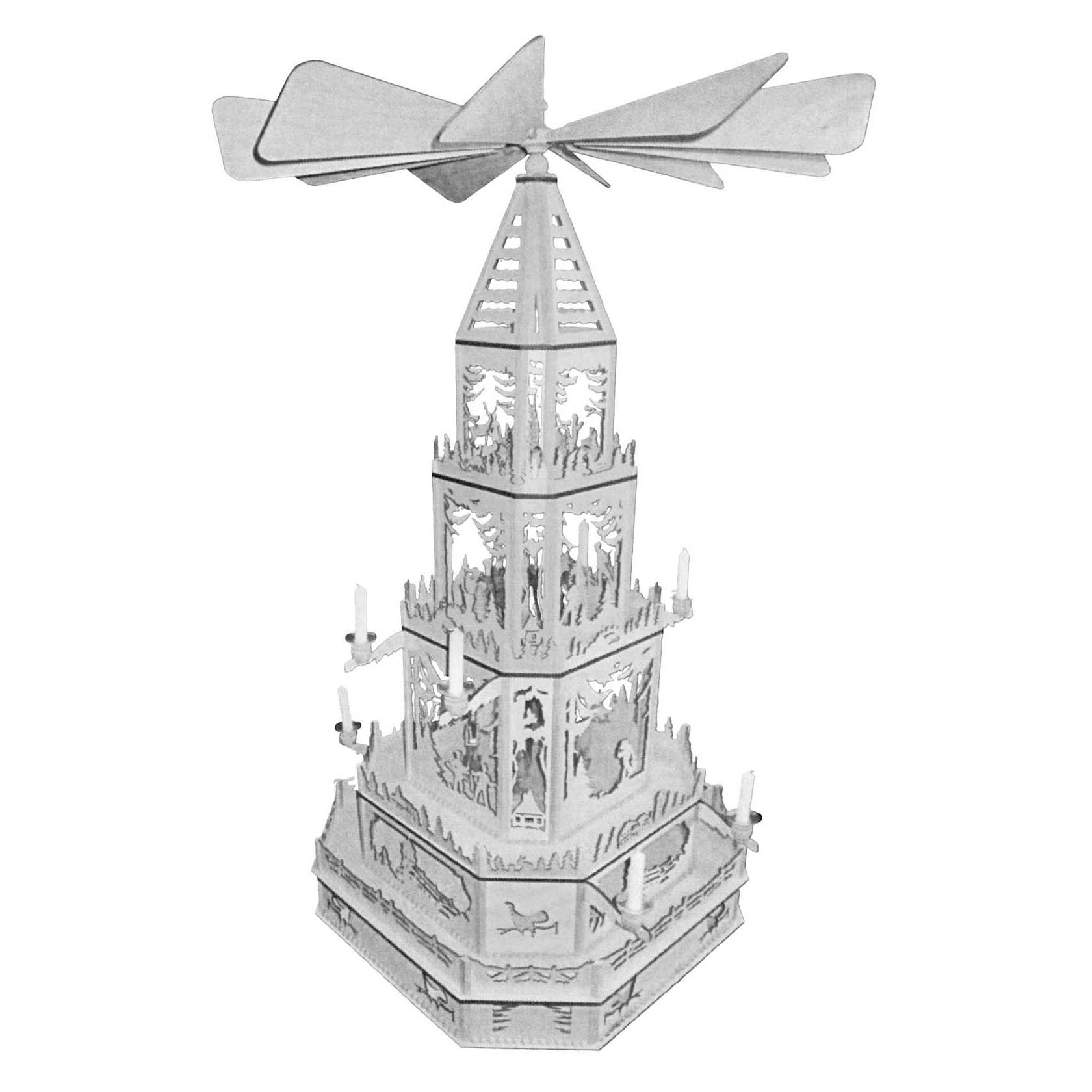 Holzmodell einer dreistufigen erzgebirgischen Weihnachtspyramide, verziert mit filigranen Laubsägearbeiten und Kerzenhaltern, mit einem Flügelrad an der Spitze. im Dregeno Online Shop günstig kaufen