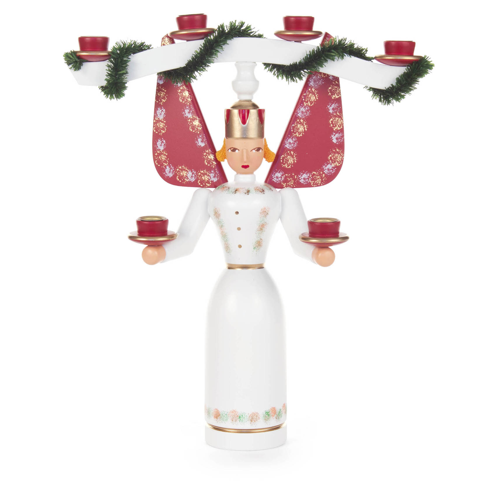 Traditionelle Holzfigur eines Engels mit Joch, der sechs rote Kerzenhalter trägt, dekoriert mit grünem Girlandenband. im Dregeno Online Shop günstig kaufen