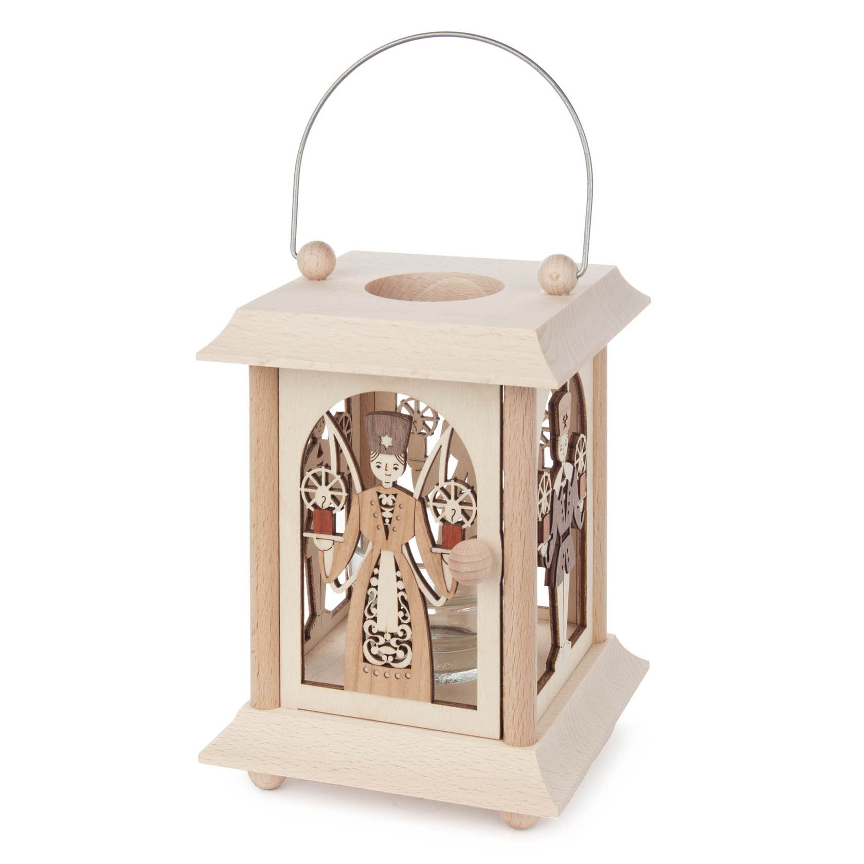 Holzlaterne mit Engel und Bergmann Motiv, passend für ein Teelicht oder eine Votivkerze, mit Tragegriff und dekorativen Details. im Dregeno Online Shop günstig kaufen