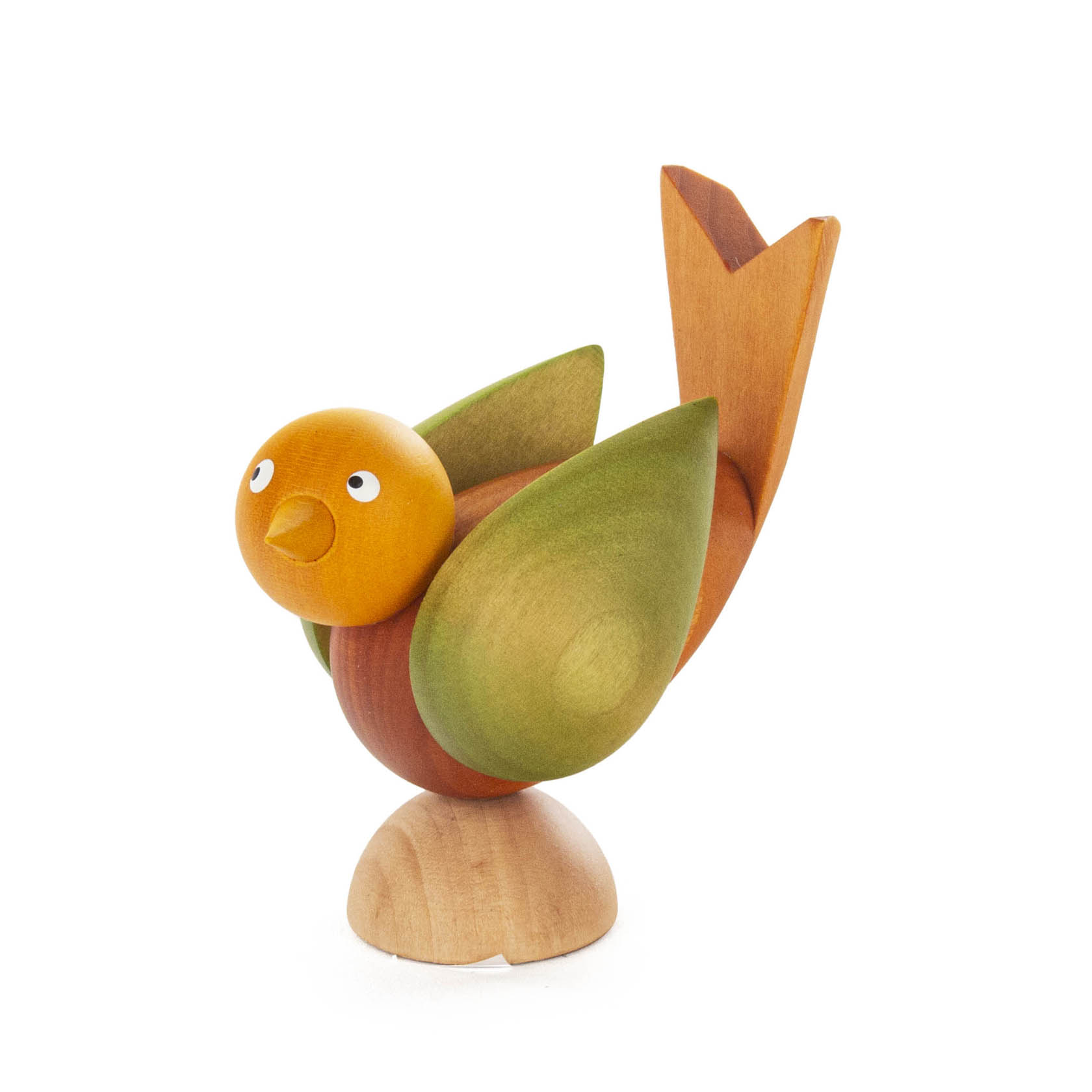Kleiner farbig lasierter Holzvogel mit orangefarbenem Kopf, grün-braunem Körper und erhobenen Flügeln auf einem Holzsockel. im Dregeno Online Shop günstig kaufen