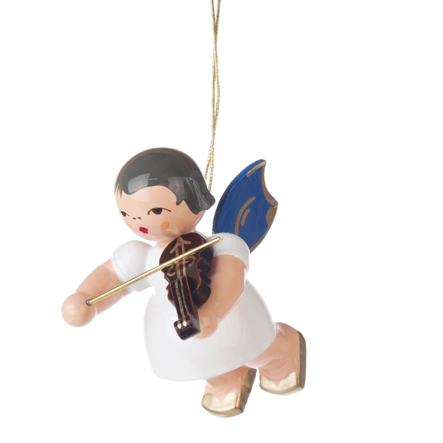 Holzfigur eines Engels mit blauen Flügeln, der eine Violine spielt und an einem Faden hängt. im Dregeno Online Shop günstig kaufen