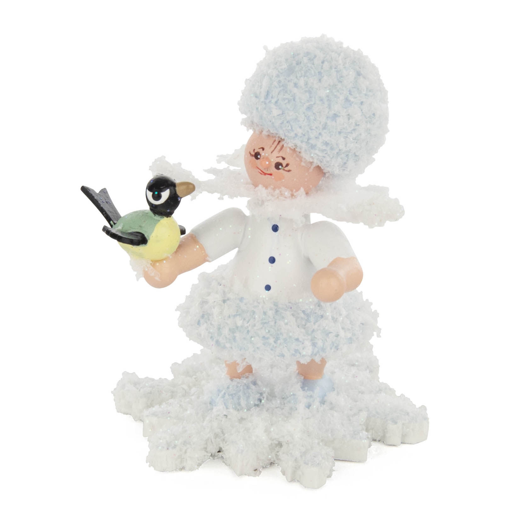 A handcrafted figurine of a smiling child wearing a snow-textured coat and hat, holding a small colorful bird in its hand. im Dregeno Online Shop günstig kaufen